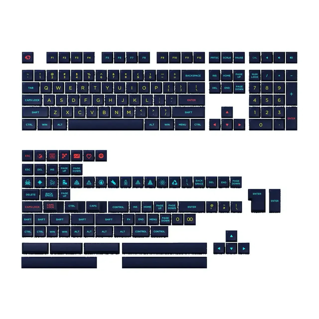 Granatowe keycapy do klawiatury mechanicznej z kolorowymi nadrukami, zestaw akcesoriów biurowych