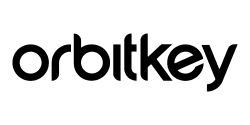 Czarne logo Orbitkey na białym tle, akcesoria biurowe, minimalistyczny design