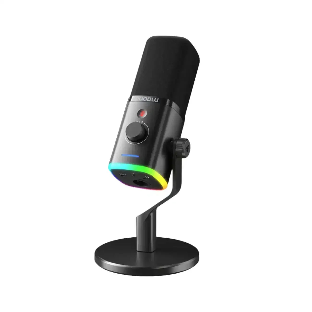 Czarny mikrofon gamingowy USB na statywie z podświetleniem RGB, akcesorium do biura i gamerów