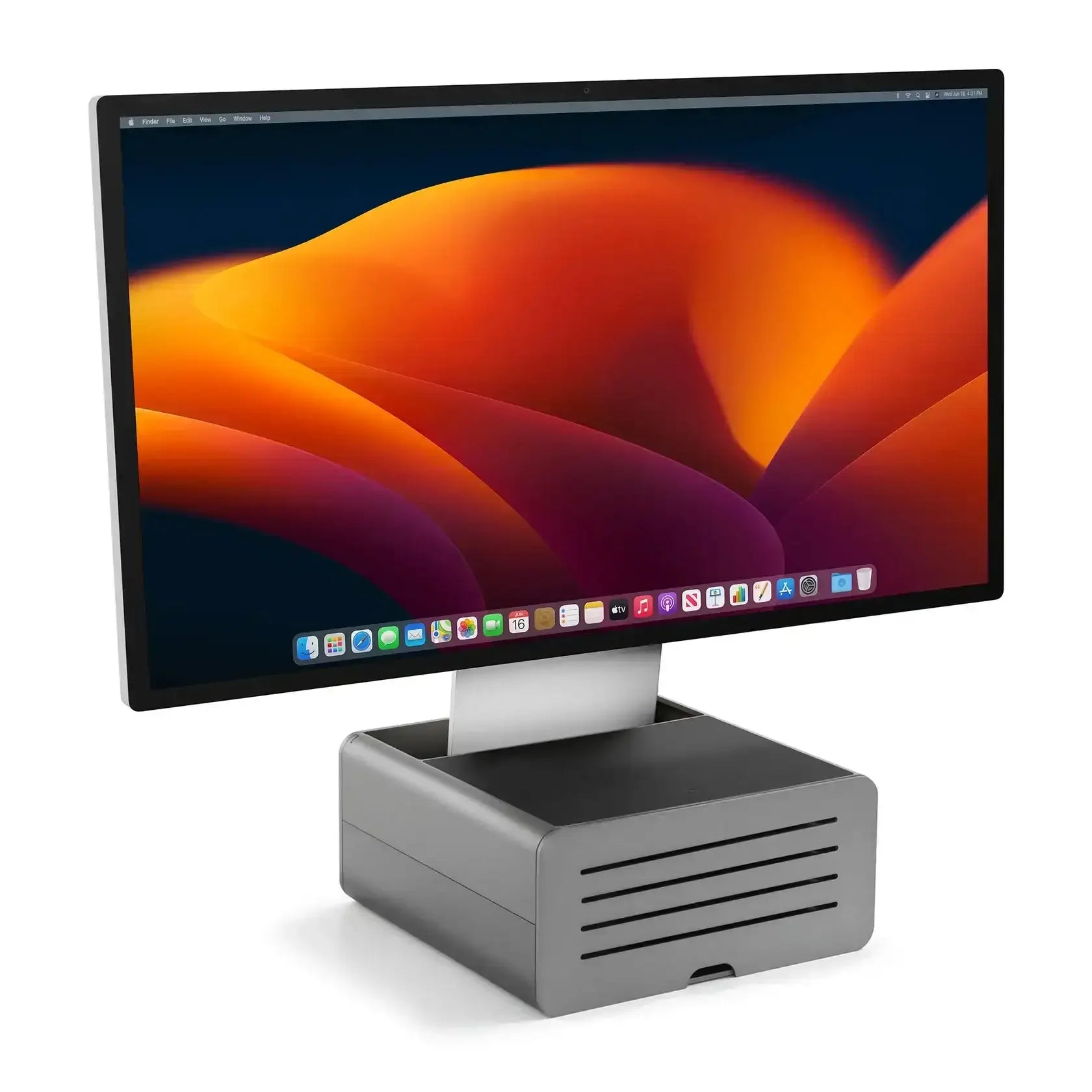 Stojak pod monitor w kolorze gunmetal, nowoczesny design, akcesorium do biura i home office