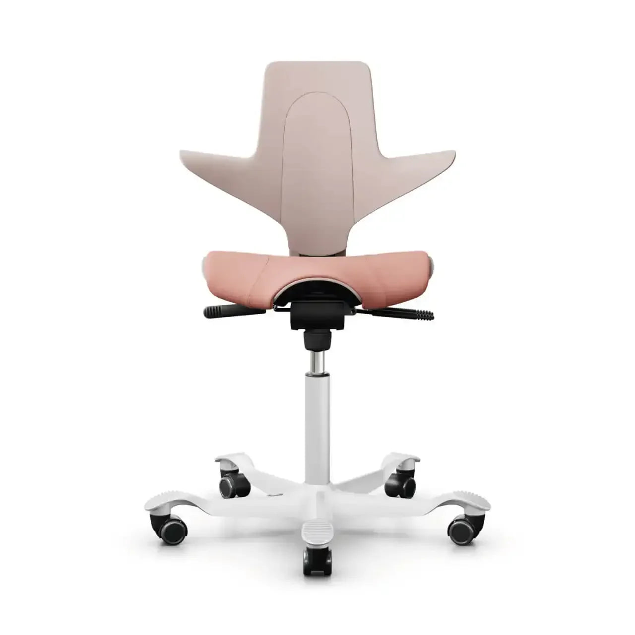 Różowe ergonomiczne krzesło biurowe z podłokietnikami na kółkach, nowoczesny design.