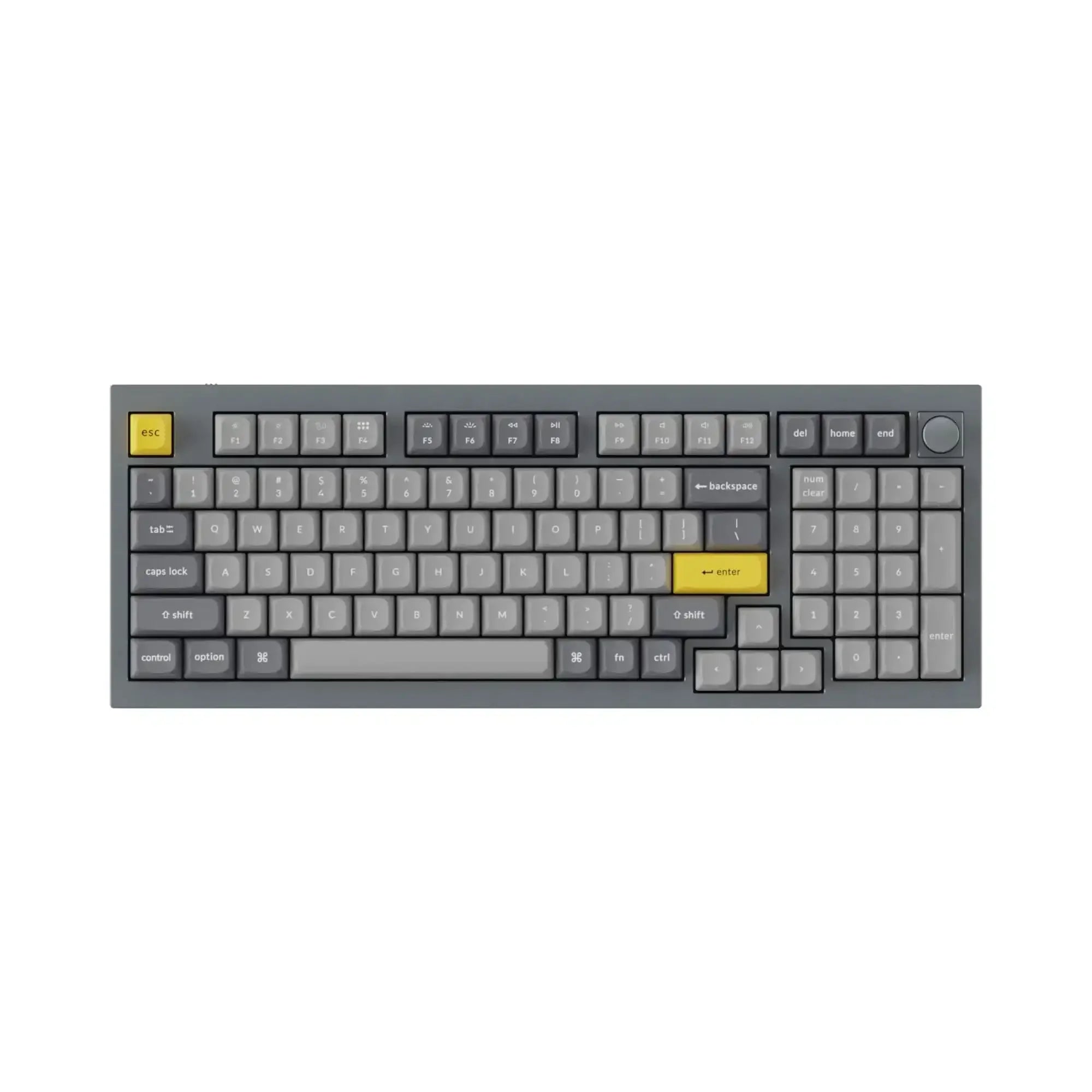 Szara klawiatura mechaniczna z żółtymi klawiszami esc i enter, idealna do biura.