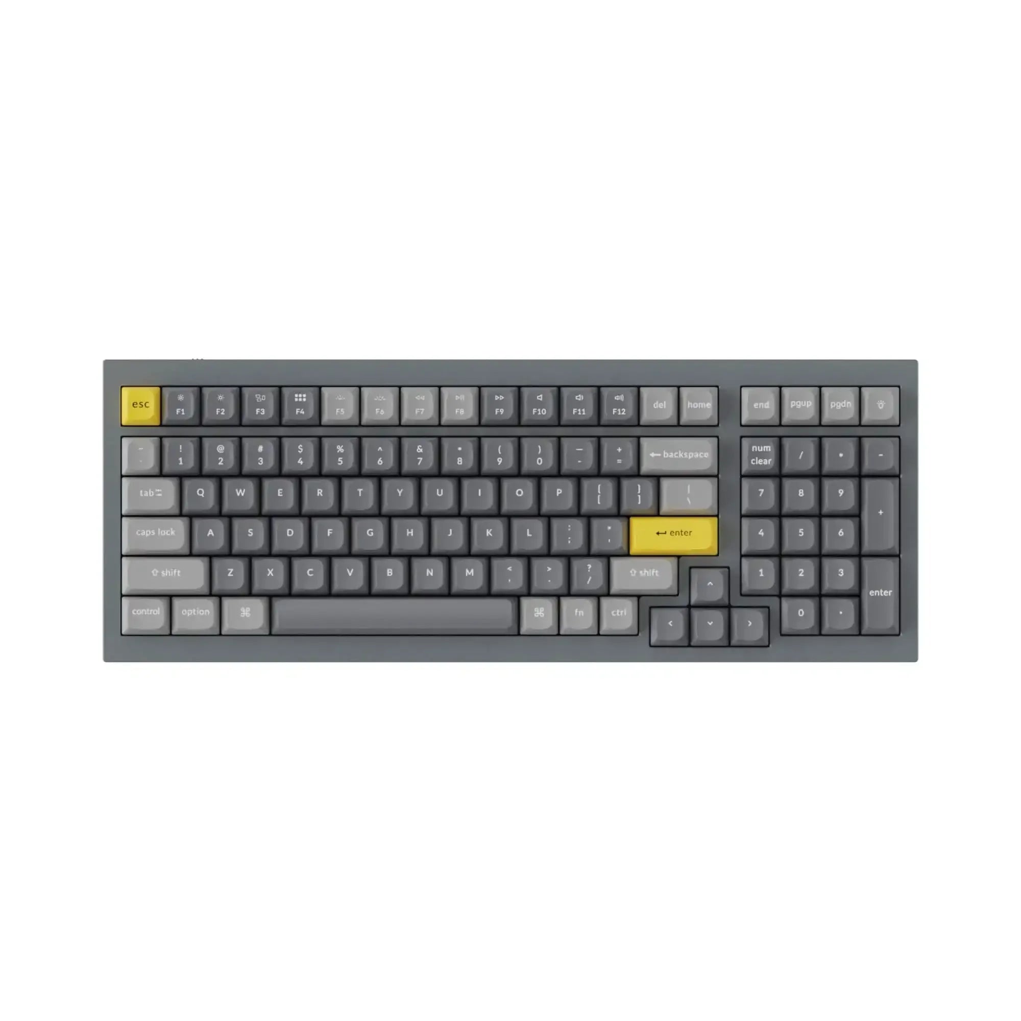 Szara klawiatura mechaniczna z żółtymi klawiszami enter i esc, idealna do home office