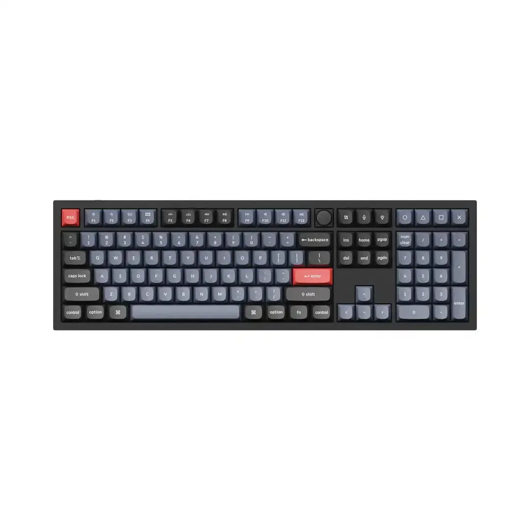 Klawiatura mechaniczna z ciemnymi keycapami, czerwonym enterem i przyciskiem esc, idealna do biura.