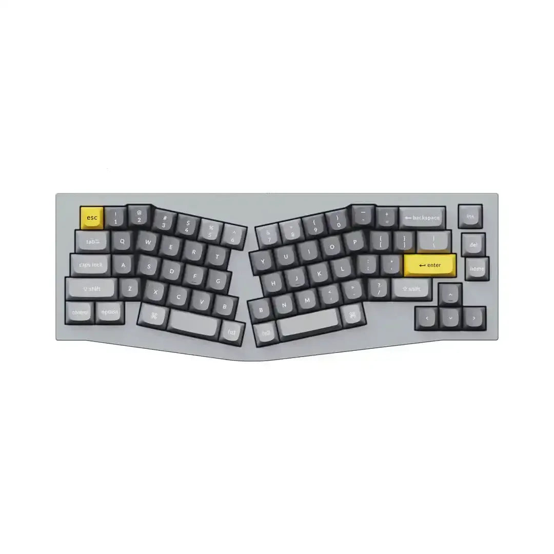 Szara ergonomiczna klawiatura mechaniczna z żółtymi klawiszami esc i enter, biurowe akcesorium