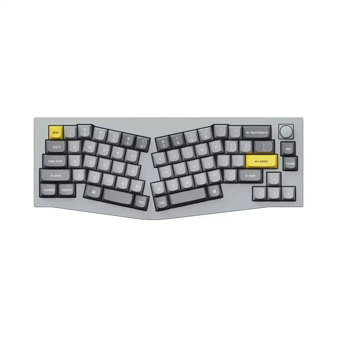 Ergonomiczna klawiatura mechaniczna, szara, żółte klawisze enter i esc, układ podzielony