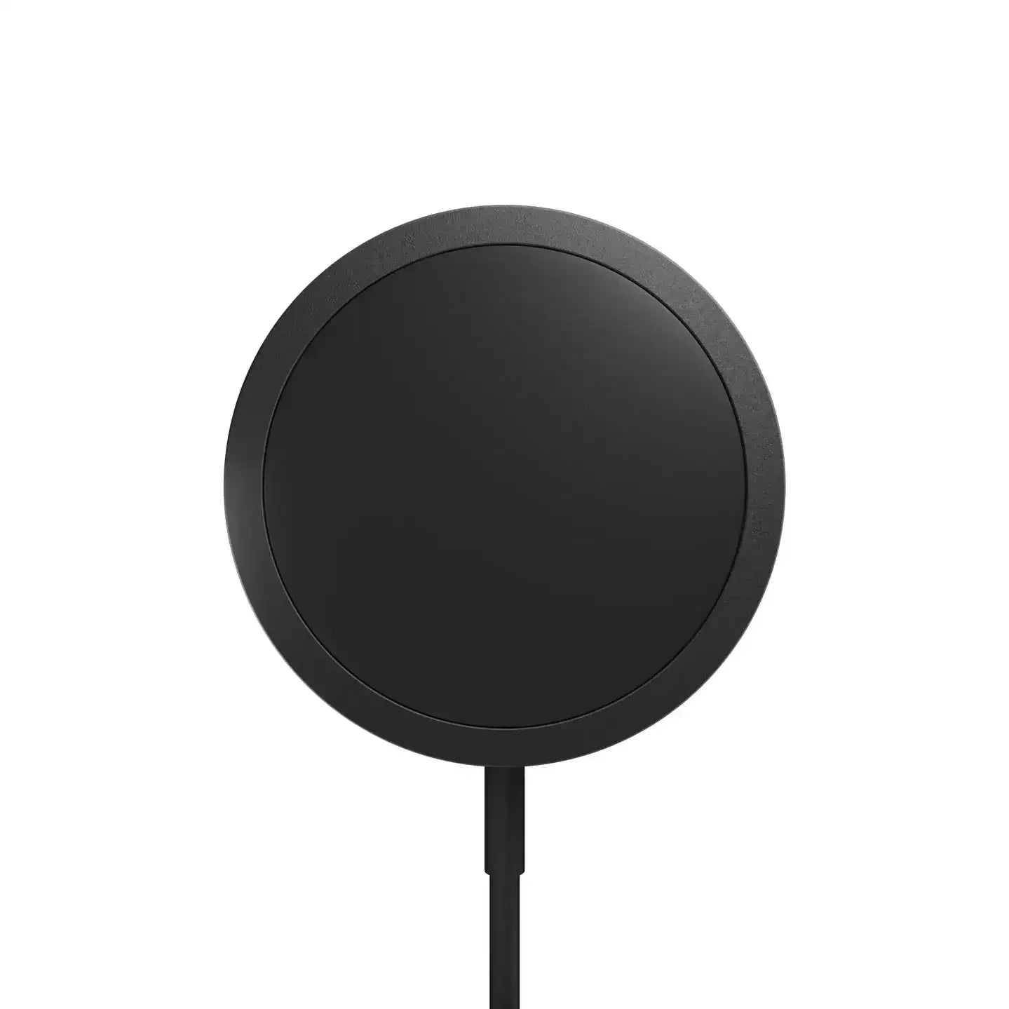 Czarna okrągła ładowarka bezprzewodowa z kablem USB, minimalistyczny design