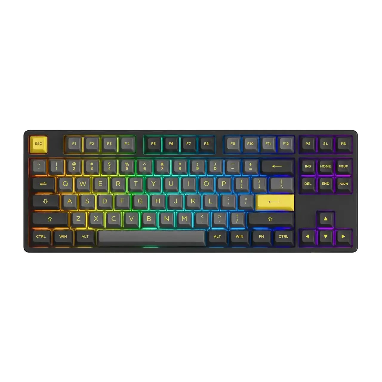 Klawiatura mechaniczna RGB z żółtymi keycapami i podświetleniem, idealna do biura