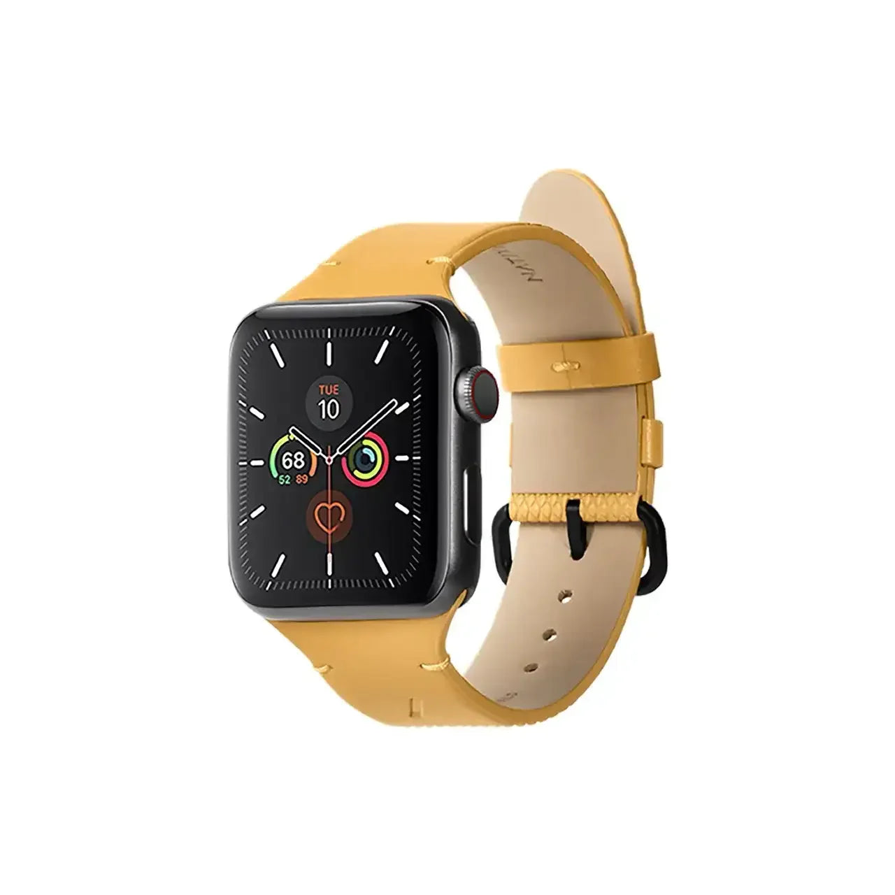 Żółty, skórzany pasek do smartwatcha na białym tle, modny pasek do Apple Watch.