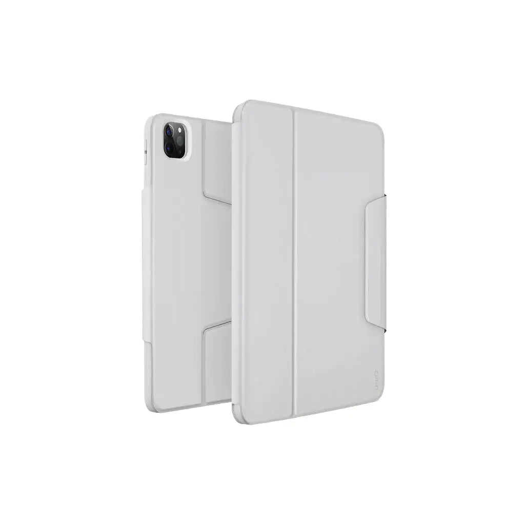 Białe etui na tablet, minimalistyczny design, widok z tyłu i przodu na białym tle