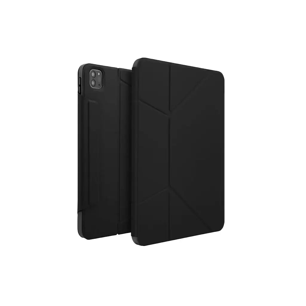 Czarne etui na tablet z geometrycznym wzorem, widok na przód i tył, minimalistyczny design