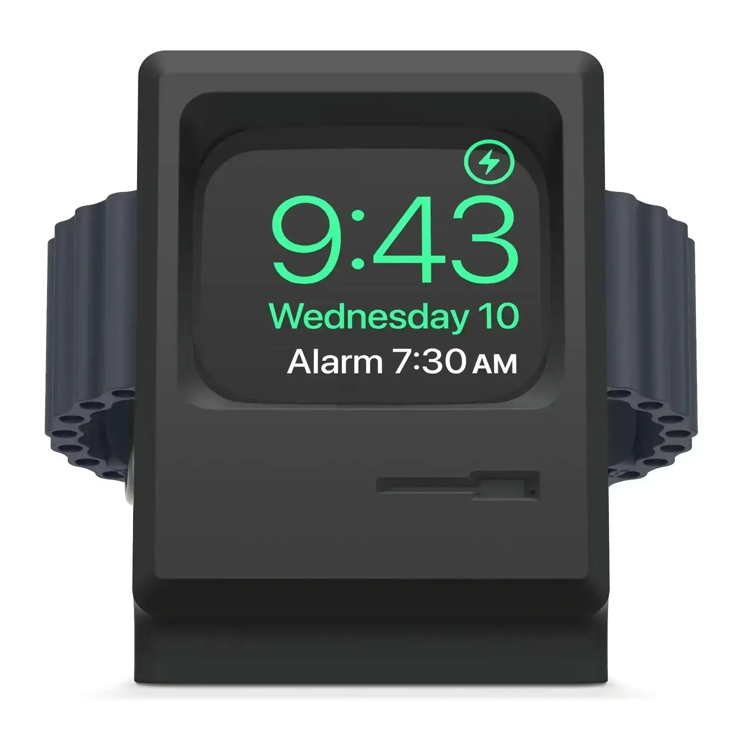 Stojak na Apple Watch w kształcie retro komputera, czarny, idealny na biurko.