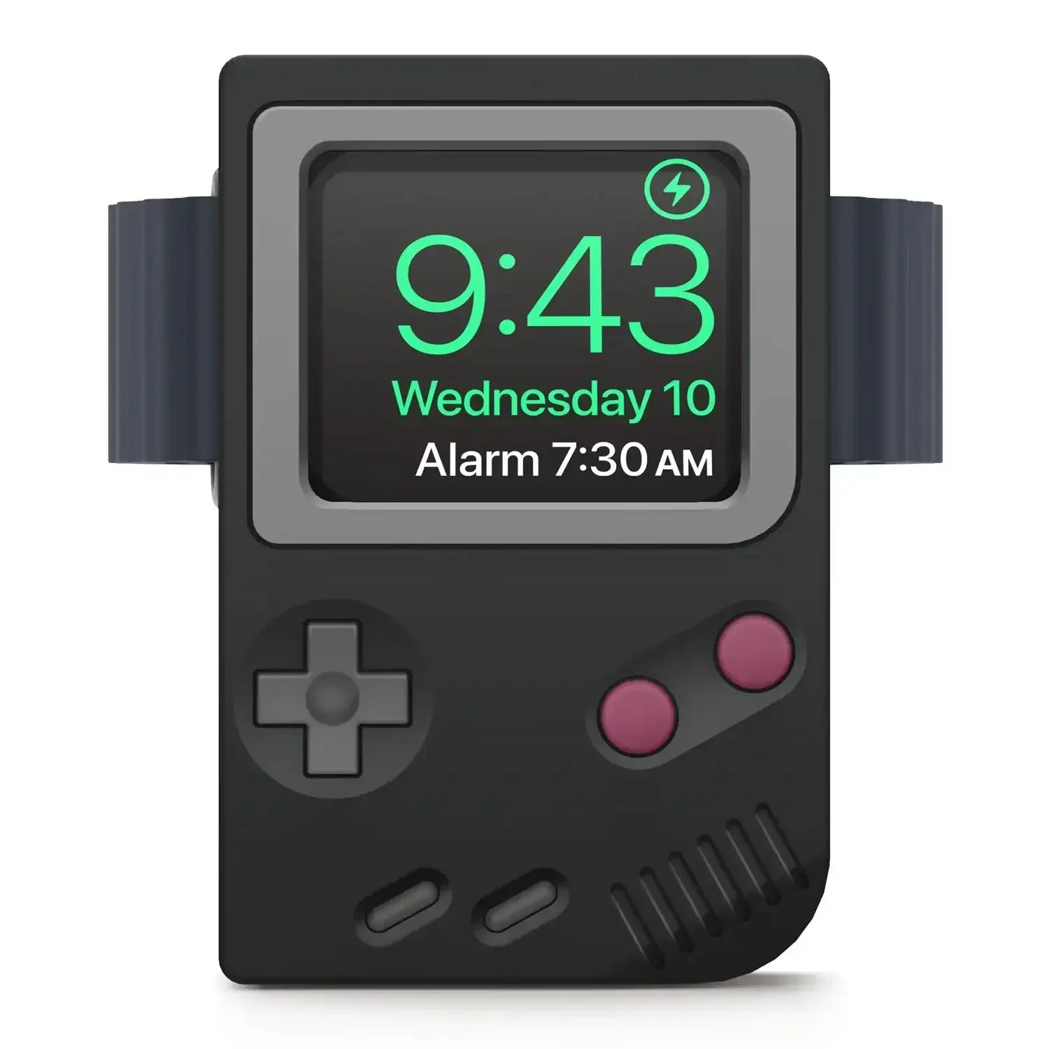 Czarny stojak na smartwatch w kształcie retro konsoli do gier, idealny na biurko