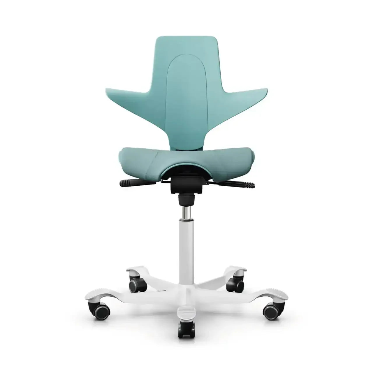 Ergonomiczne krzesło biurowe w kolorze morskim na białych kółkach, przód, do home office