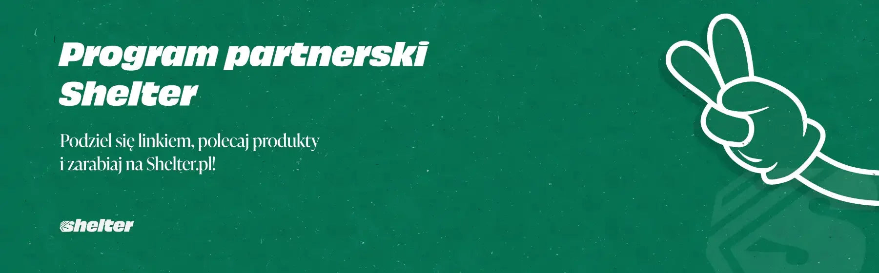 Zielony banner Program partnerski, grafika ręki z pokazanym znakiem V, tekst zachęcający do udziału.