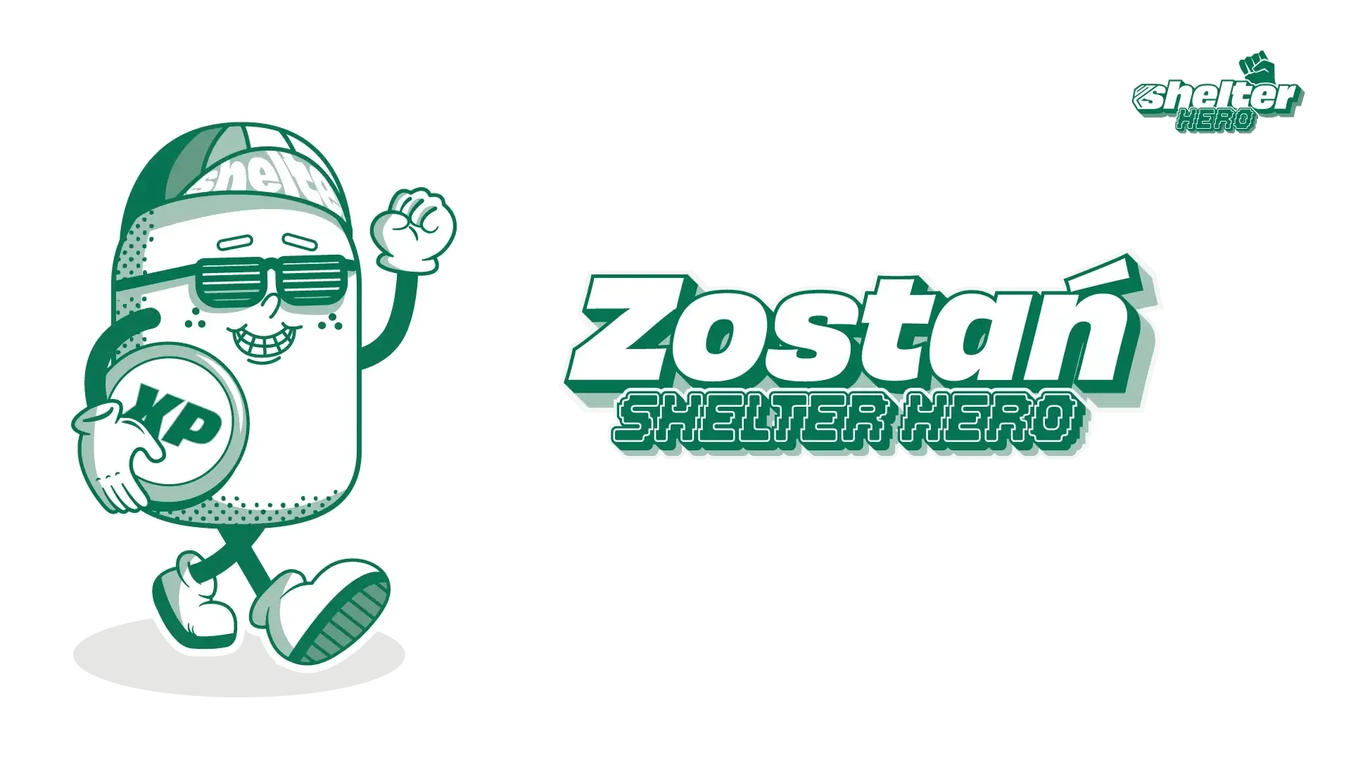 Zielona postać z napisem XP, czapka z daszkiem i napisem shelter, hasło Zostań Shelter Hero, grafika promująca akcesoria komputerowe i biurowe.