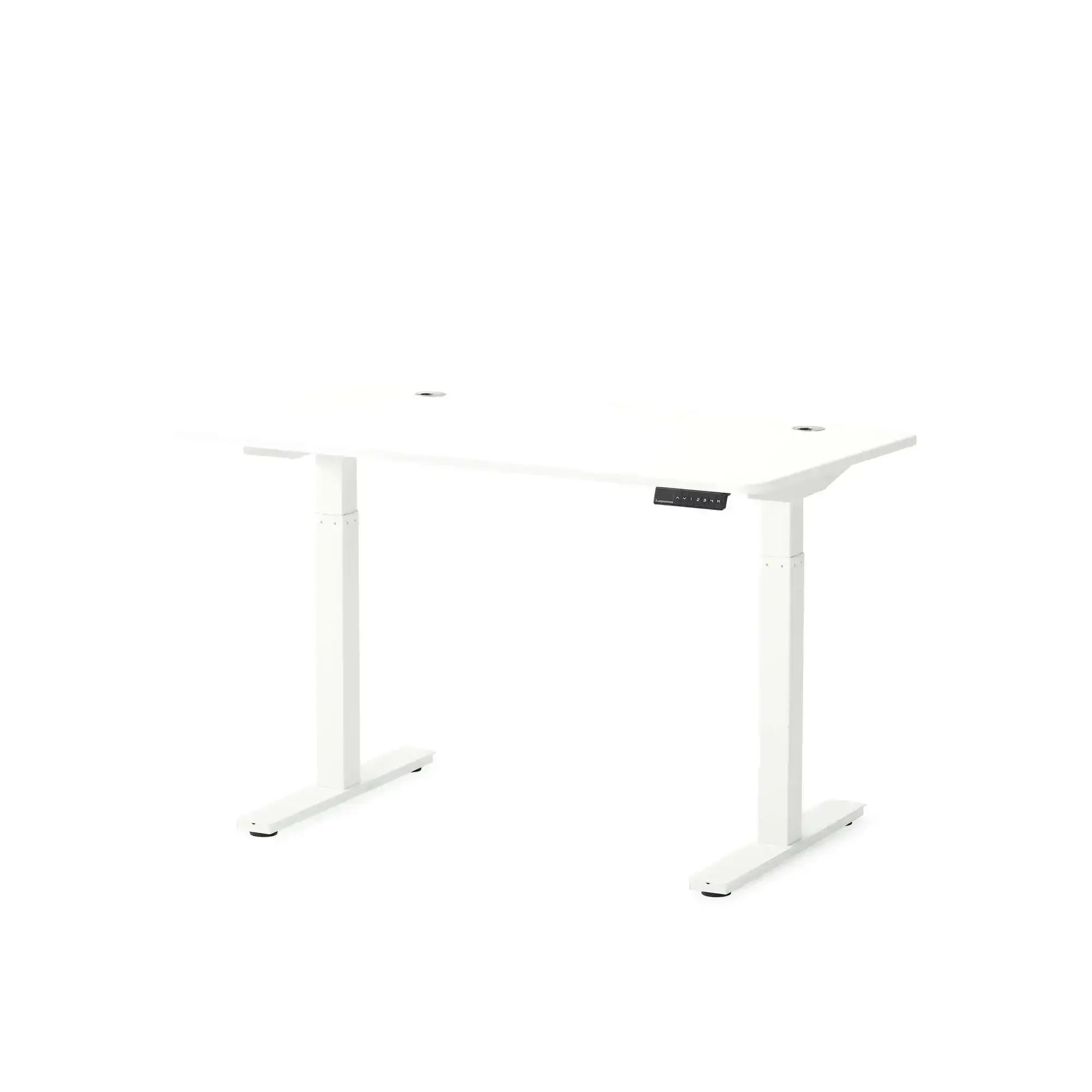 Białe biurko regulowane elektrycznie, idealne do nowoczesnego home office i desk setupu.