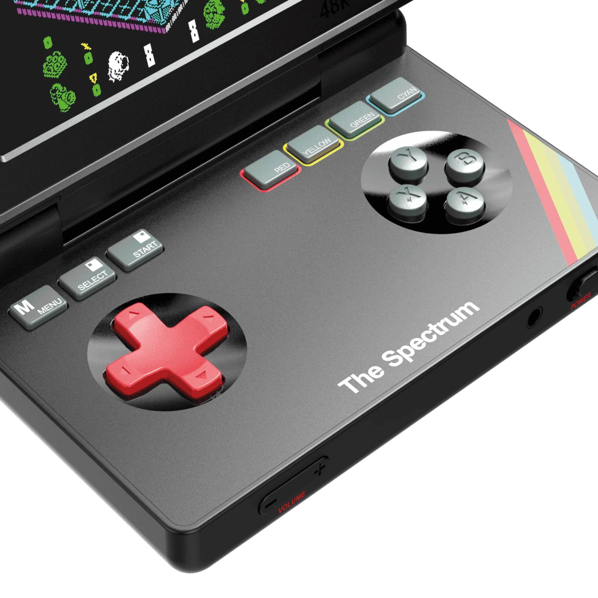 The Spectrum – konsola retro z kolorowymi przyciskami i czerwonym D-pad, idealna do gier retro