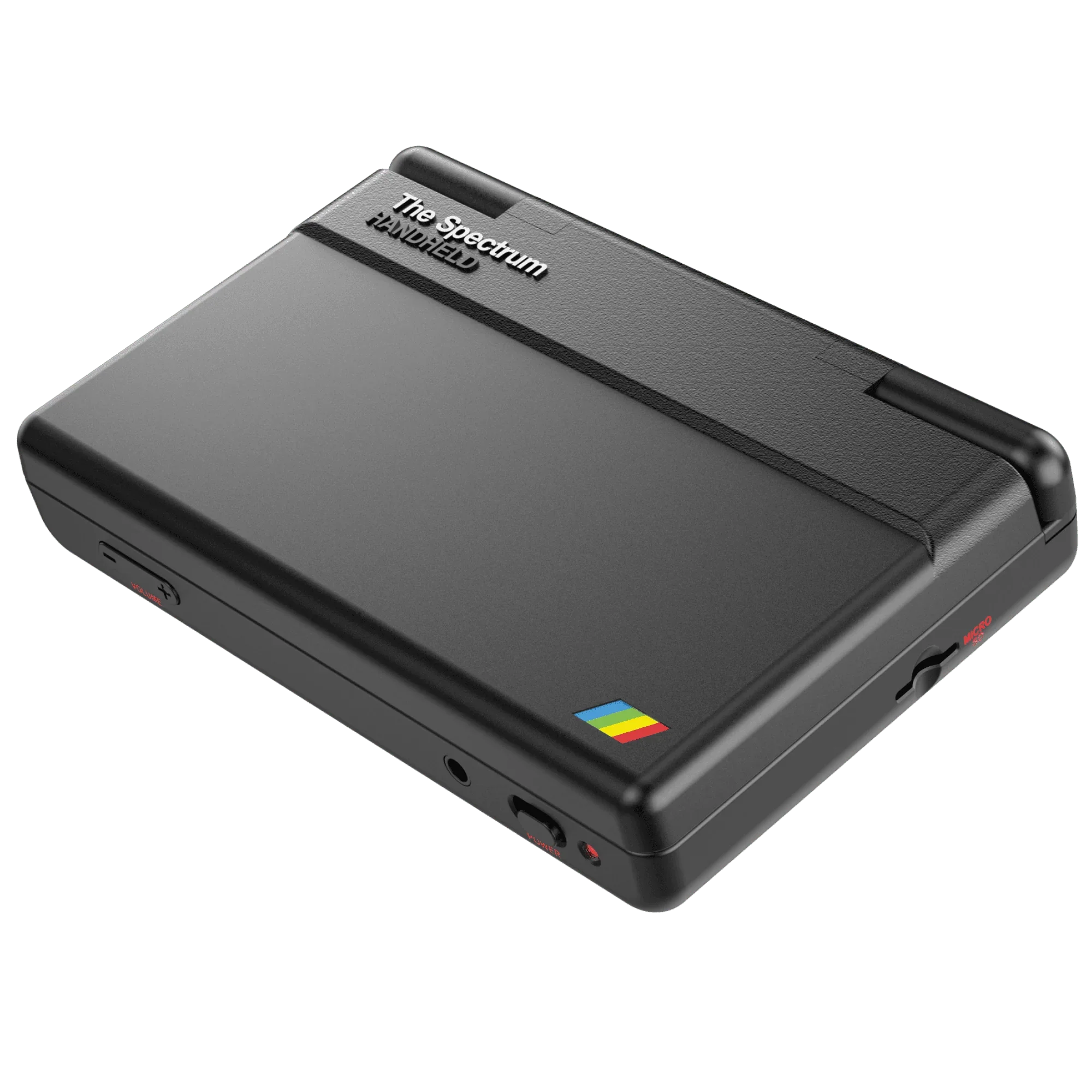 Czarny kompaktowy komputer The Spectrum Handheld z kolorowym logo i portami