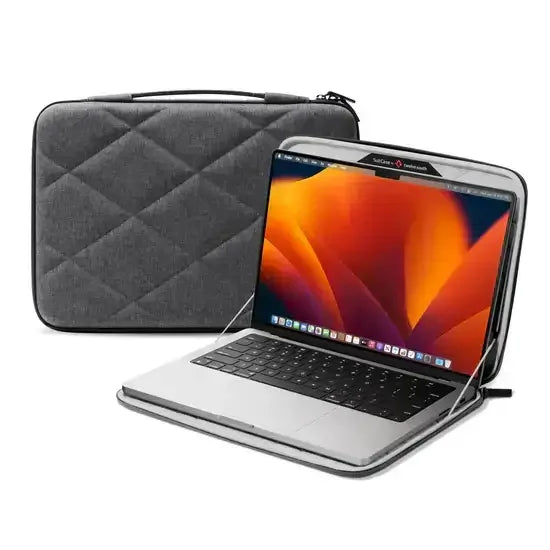 Szara torba na laptopa 14 cali, otwarta i zamknięta, ochronne etui biurowe na notebooka