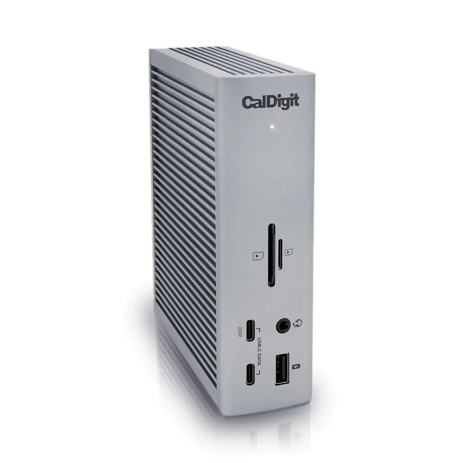 Stacja dokująca Thunderbolt 4 CalDigit na białym tle, porty USB-C, USB-A, czytniki kart.