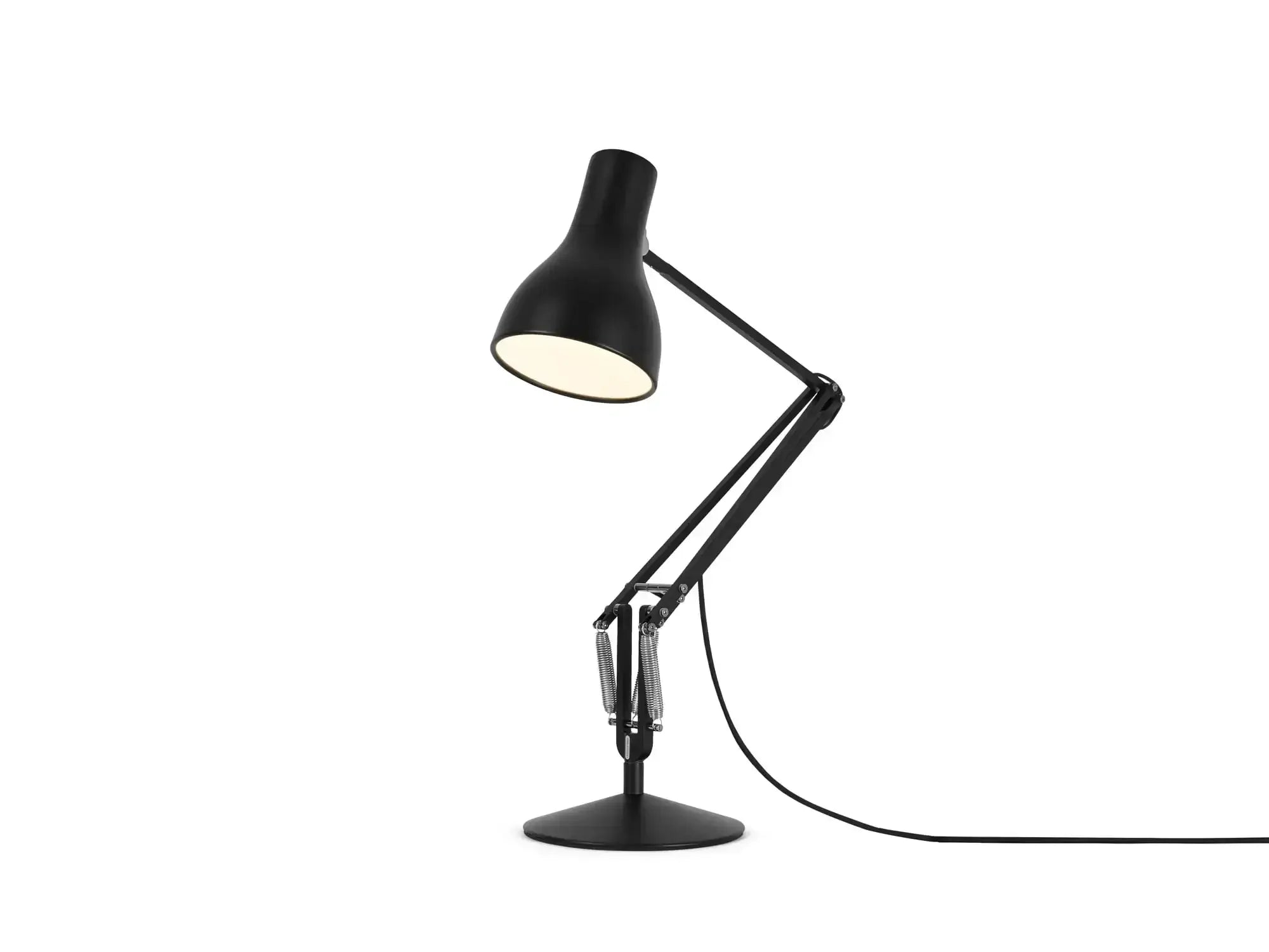 Czarna lampa biurkowa z regulowanym ramieniem, nowoczesny design, akcesoria do home office