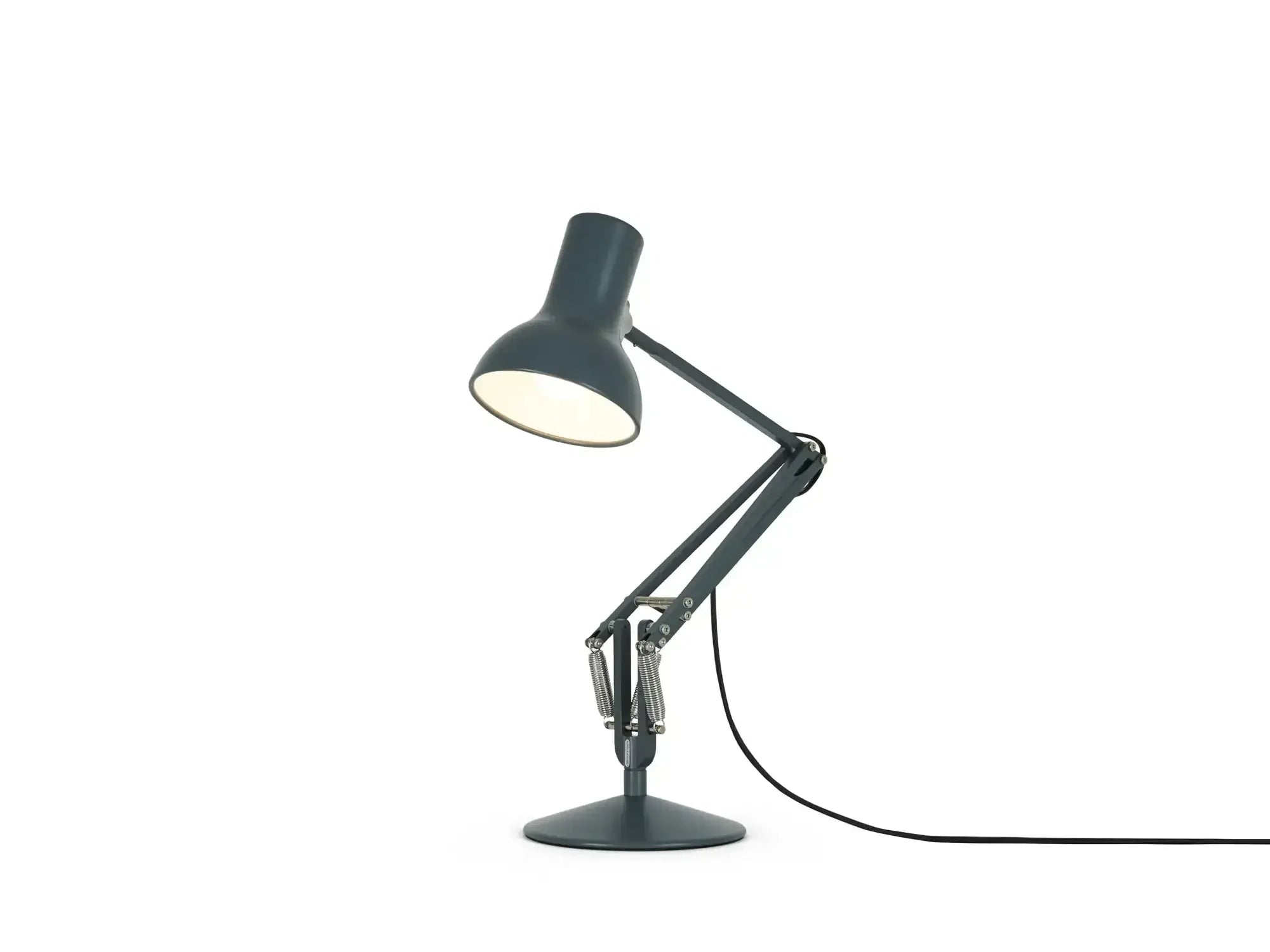 Szara lampa biurkowa typu mini z regulowanymi ramionami, idealna do home office