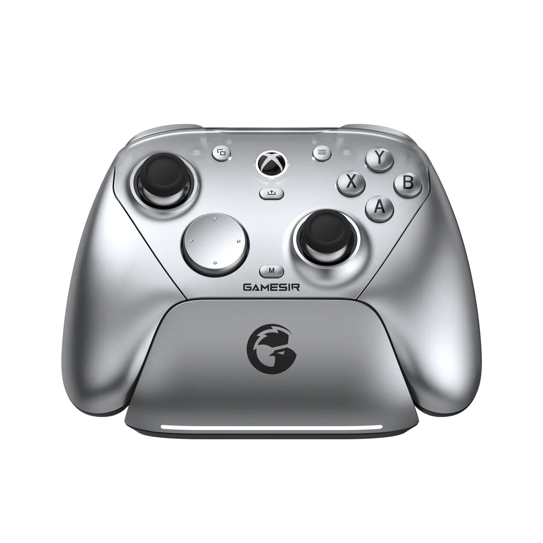 Srebrny kontroler Xbox z logo Gamesir, idealny do gier i komfortowego desk setupu