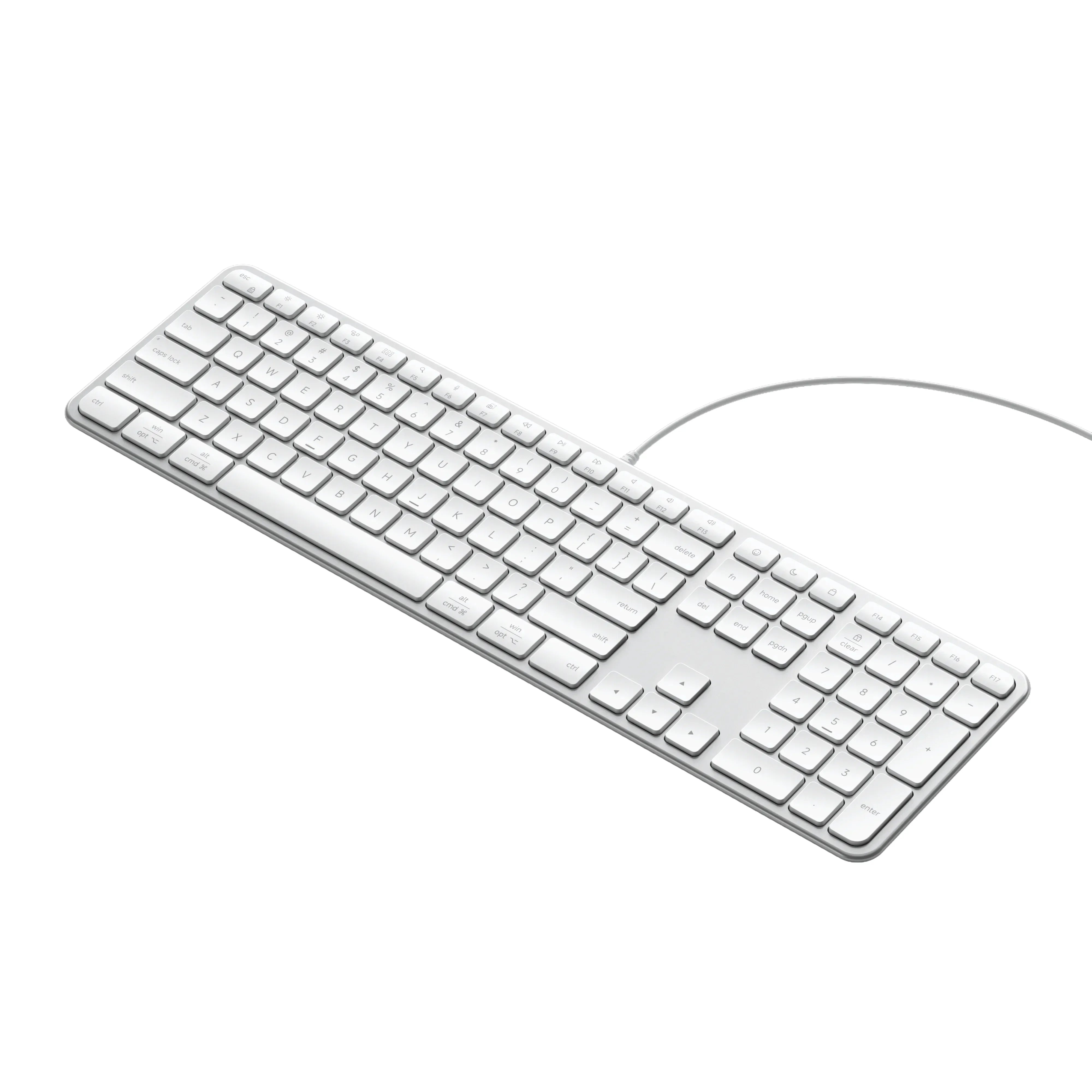 Biała klawiatura z przewodem, idealna do home office i desk setupu, zwiększająca komfort pracy.