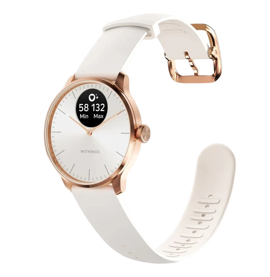 Zegarek Withings z białym paskiem i złotą obudową, monitorujący tętno w domowym biurze