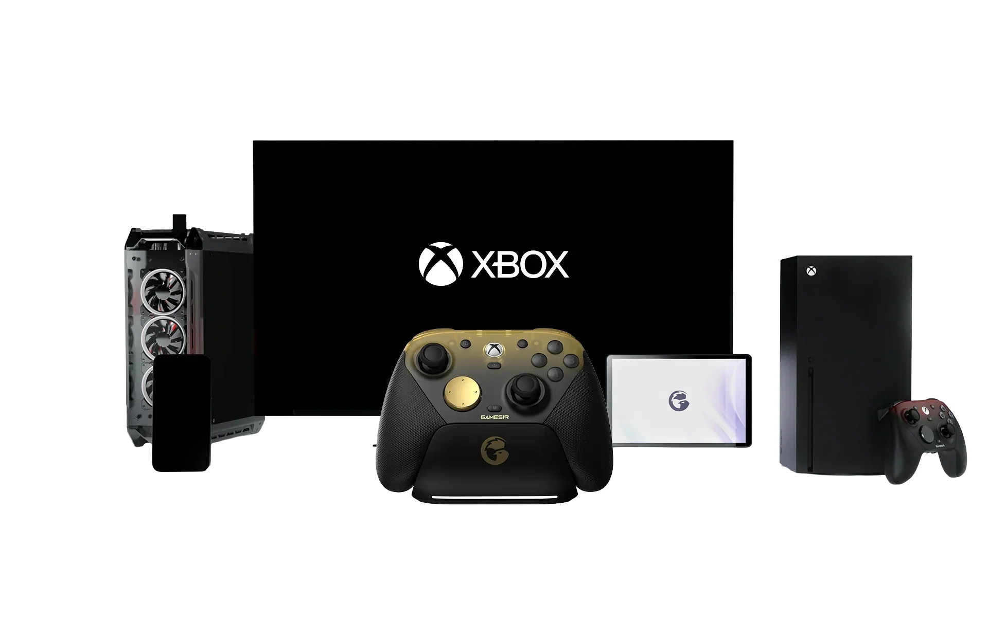 Konsola Xbox, kontrolery i akcesoria gamingowe na białym tle. Idealne dla graczy i setupu biurowego.