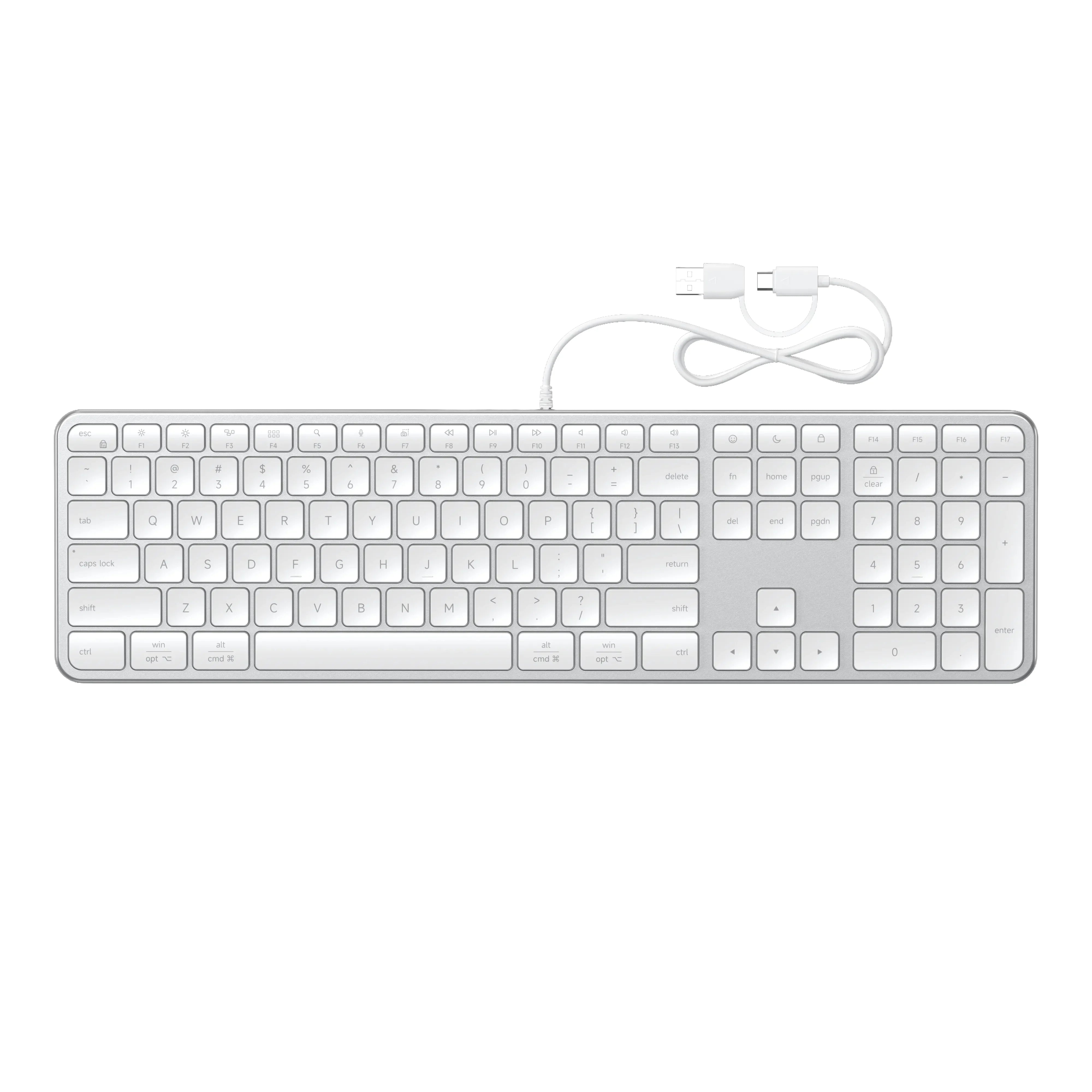 Srebrna klawiatura mechaniczna z białymi klawiszami i kablem USB-C, idealna do home office i desk setupu