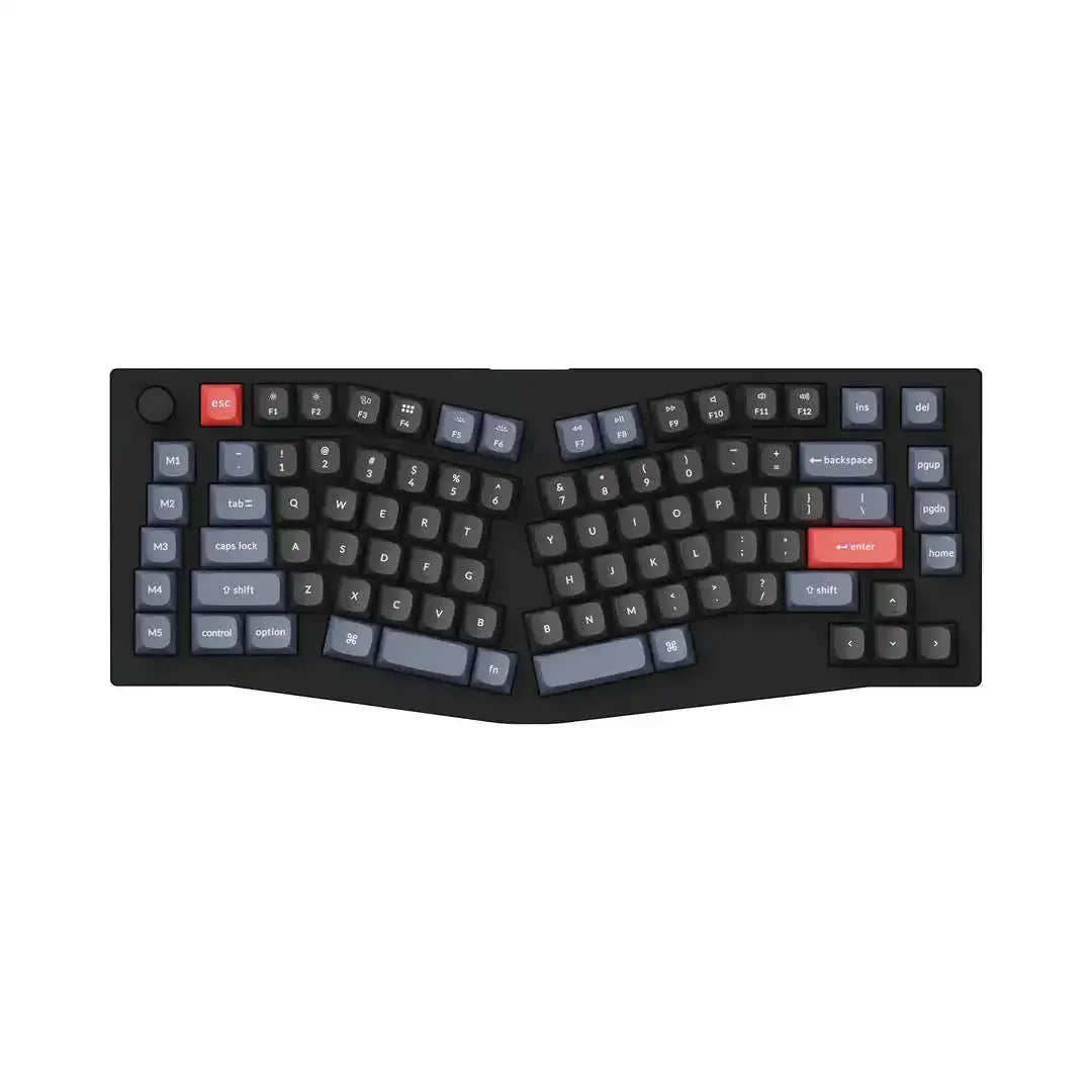 Czarna ergonomiczna klawiatura mechaniczna o układzie dzielonym, kolorowe klawisze.