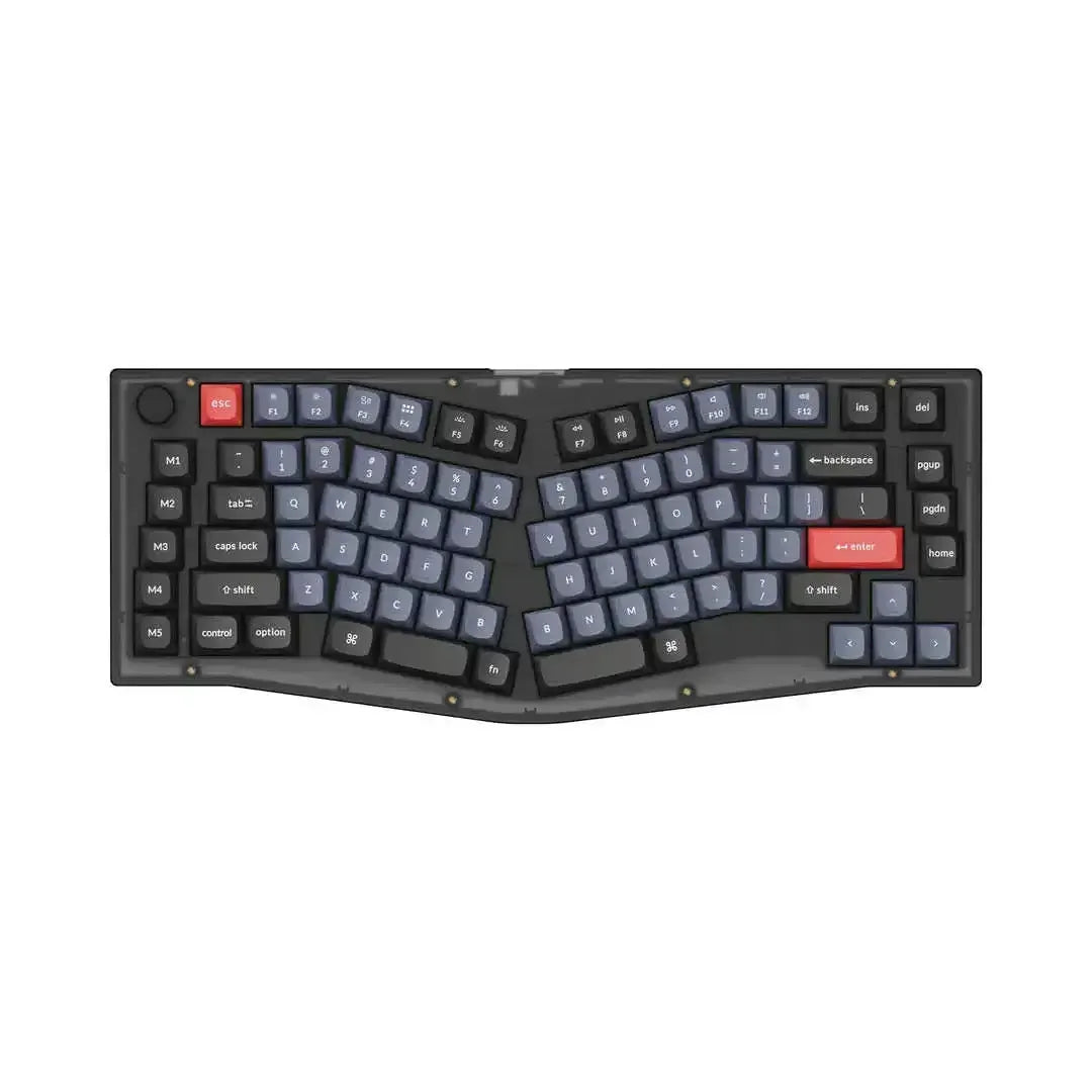Ergonomiczna klawiatura mechaniczna z ciemnymi i czerwonymi keycapami, widok z góry.