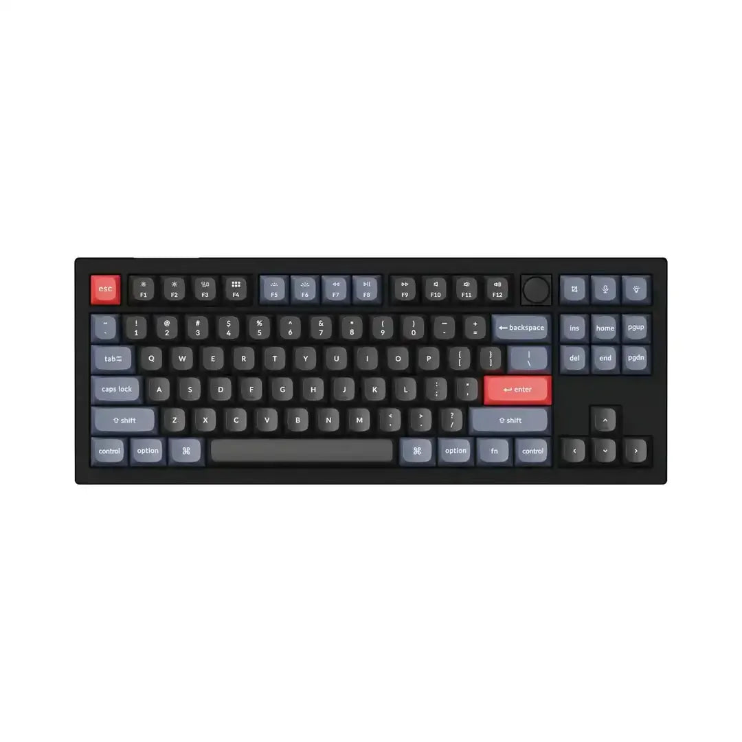 Czarna klawiatura mechaniczna z pokrętłem, kolorowe keycapy, układ TKL.