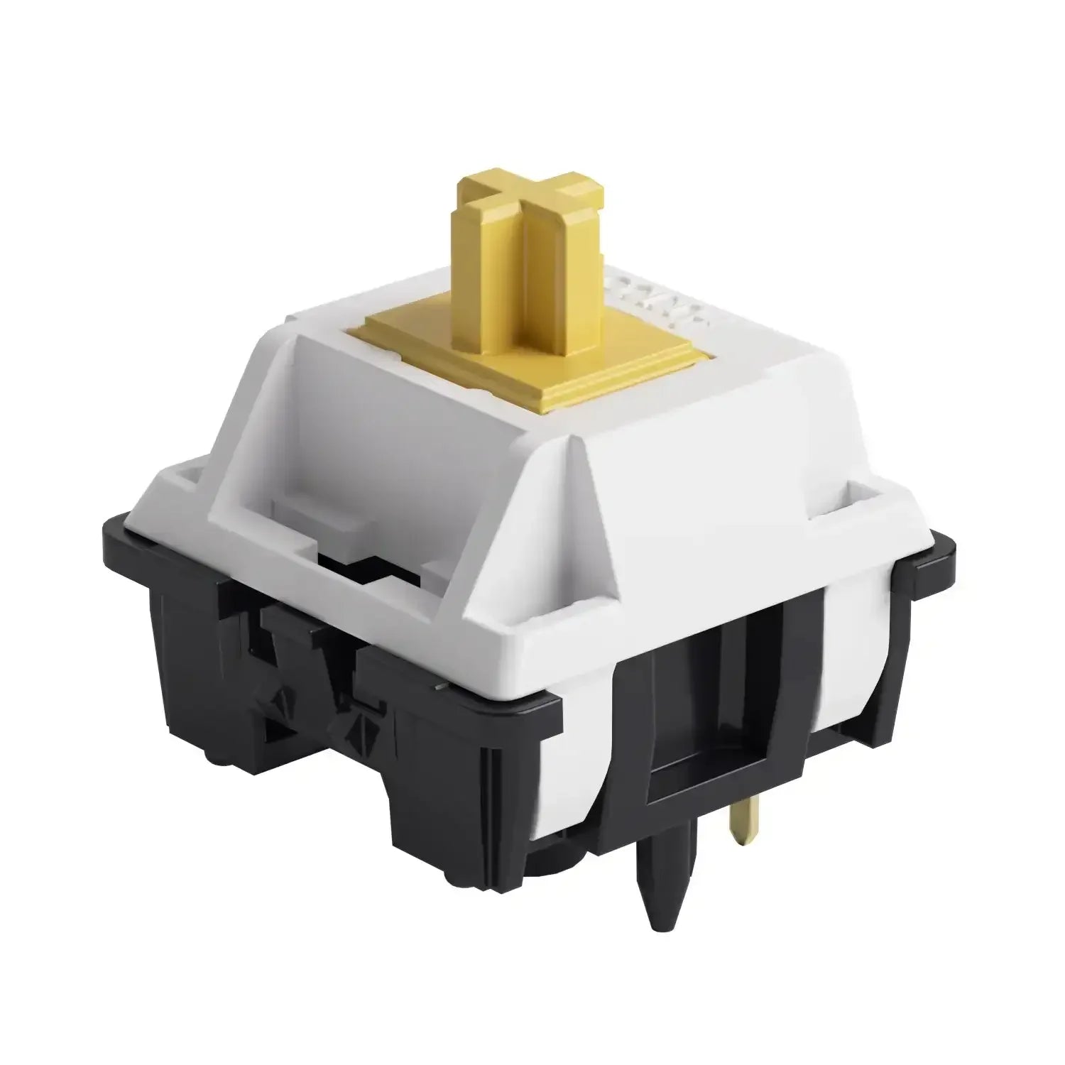 Mechaniczny switch klawiaturowy biało-czarny z żółtym trzonkiem, akcesorium do klawiatury.