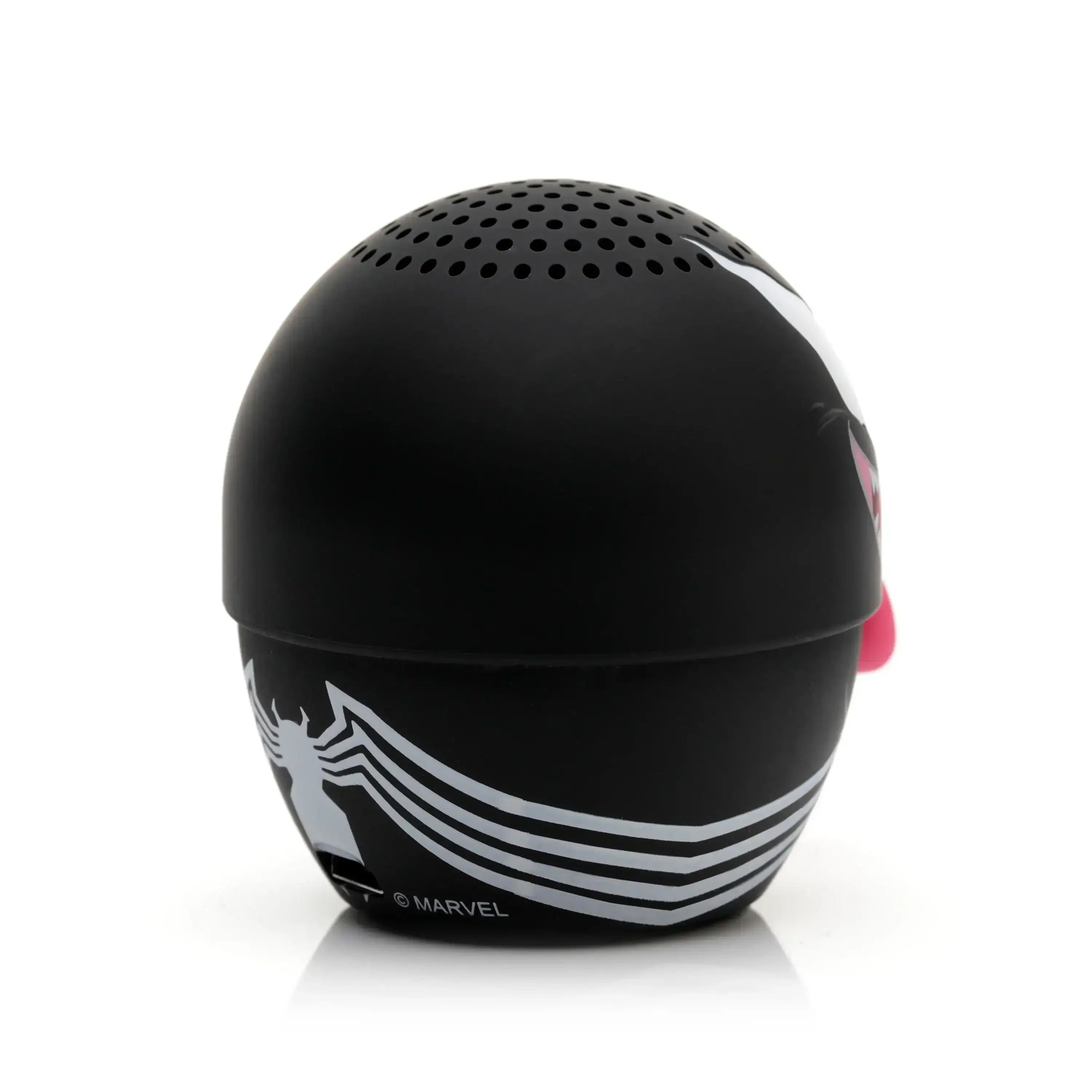 Czarny głośnik Bluetooth Venom z logo Marvela, widok z tyłu, gadżet do biura