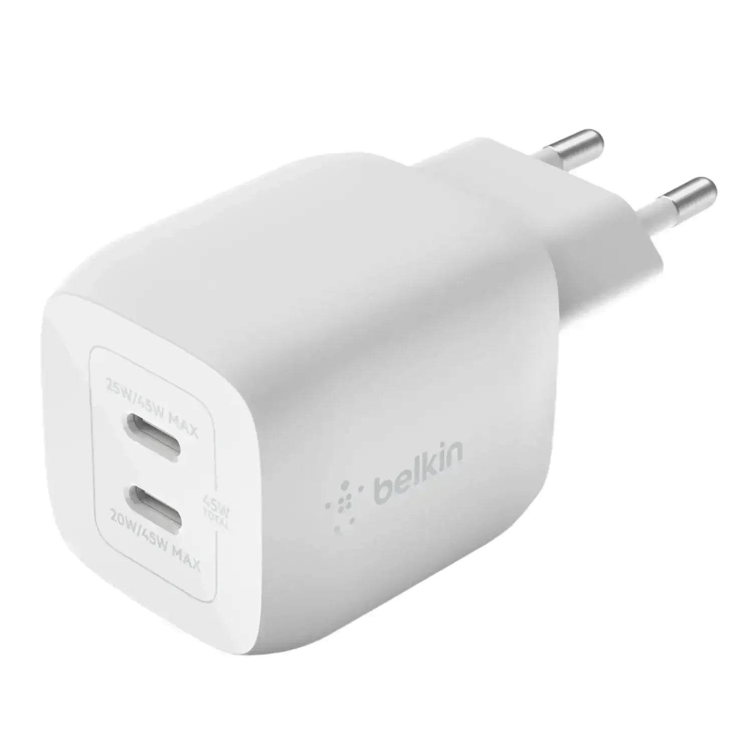 Biała ładowarka sieciowa USB-C, dwa porty, moc 45W, złącza typu C, nowoczesny design