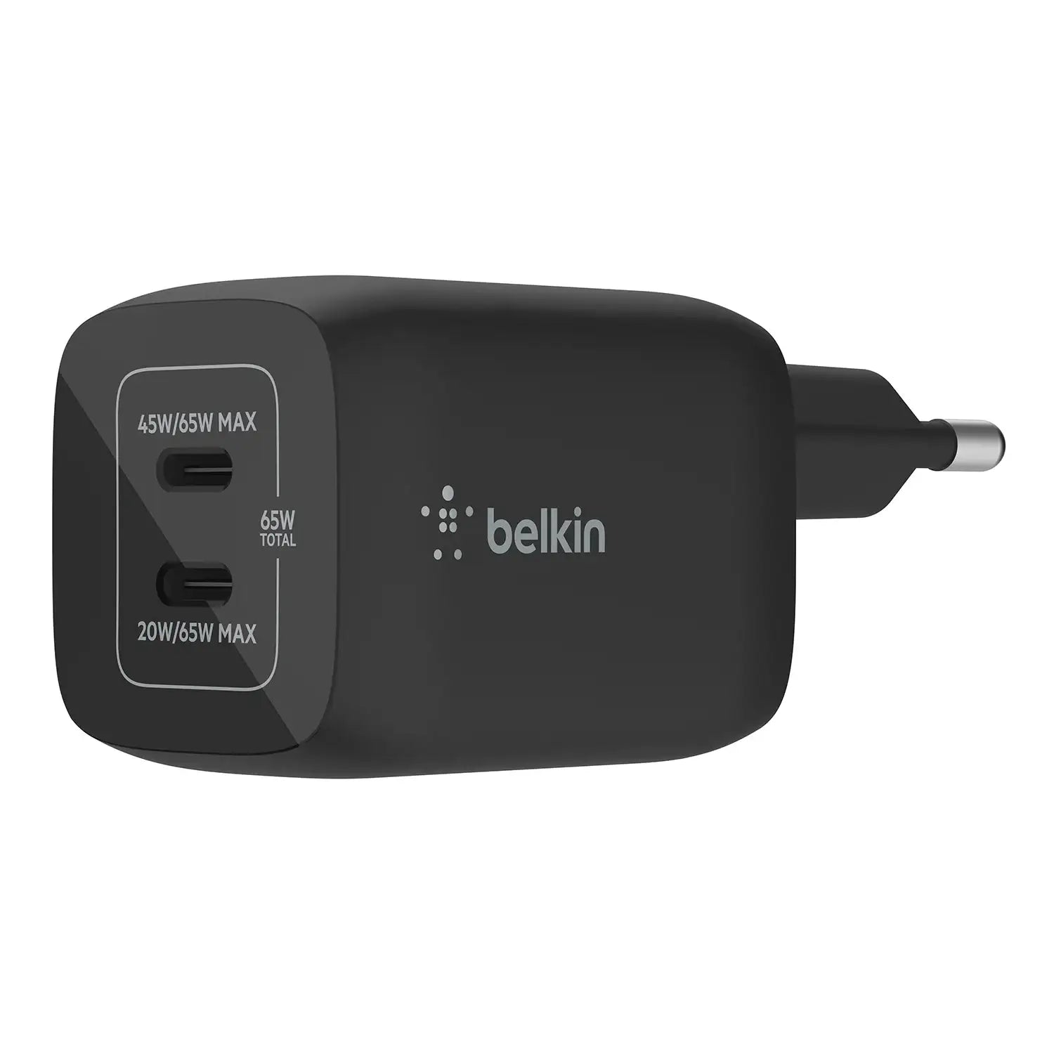 Czarna ładowarka sieciowa Belkin 65W z dwoma portami USB-C, widok z boku