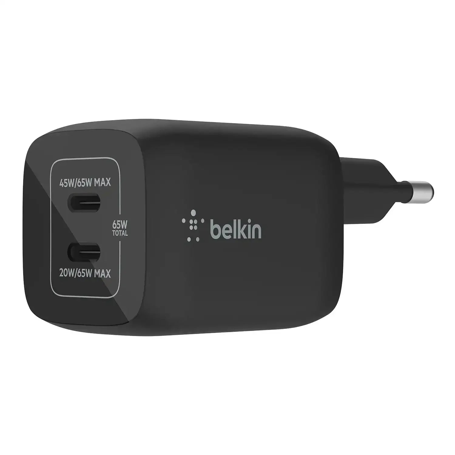 Czarna ładowarka sieciowa USB-C 65W z dwoma portami, widok z boku