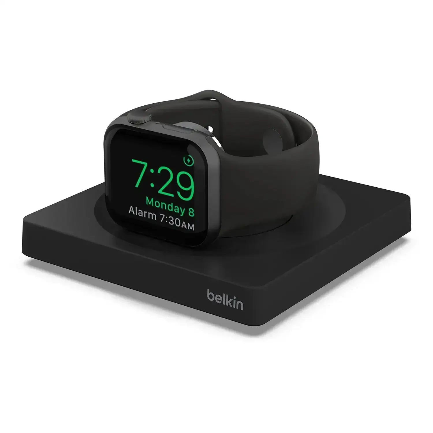 Czarna bezprzewodowa ładowarka biurkowa do Apple Watch, zegarek w trybie nocnym
