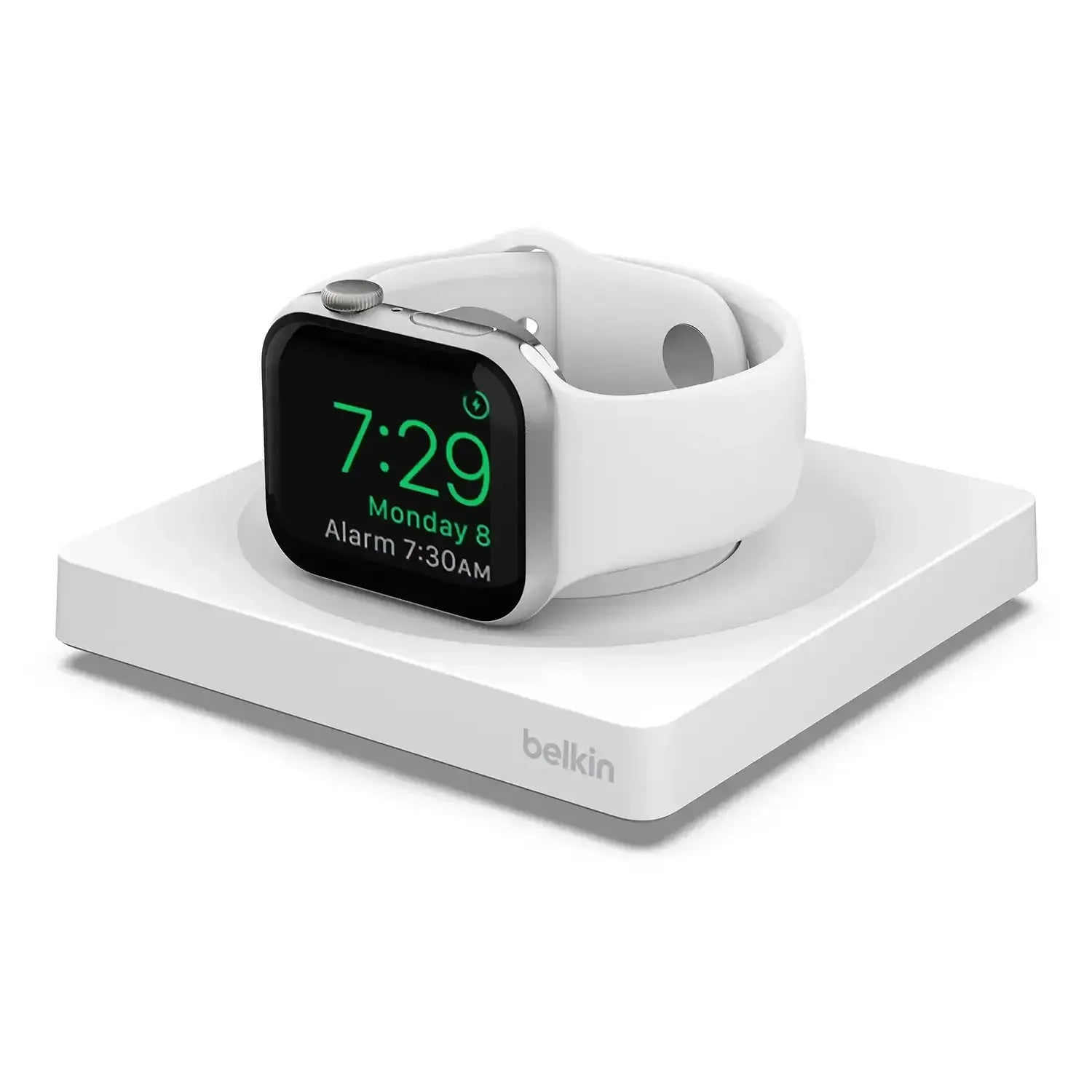 Biała ładowarka bezprzewodowa do Apple Watch z zegarkiem na stojaku, akcesoria biurowe