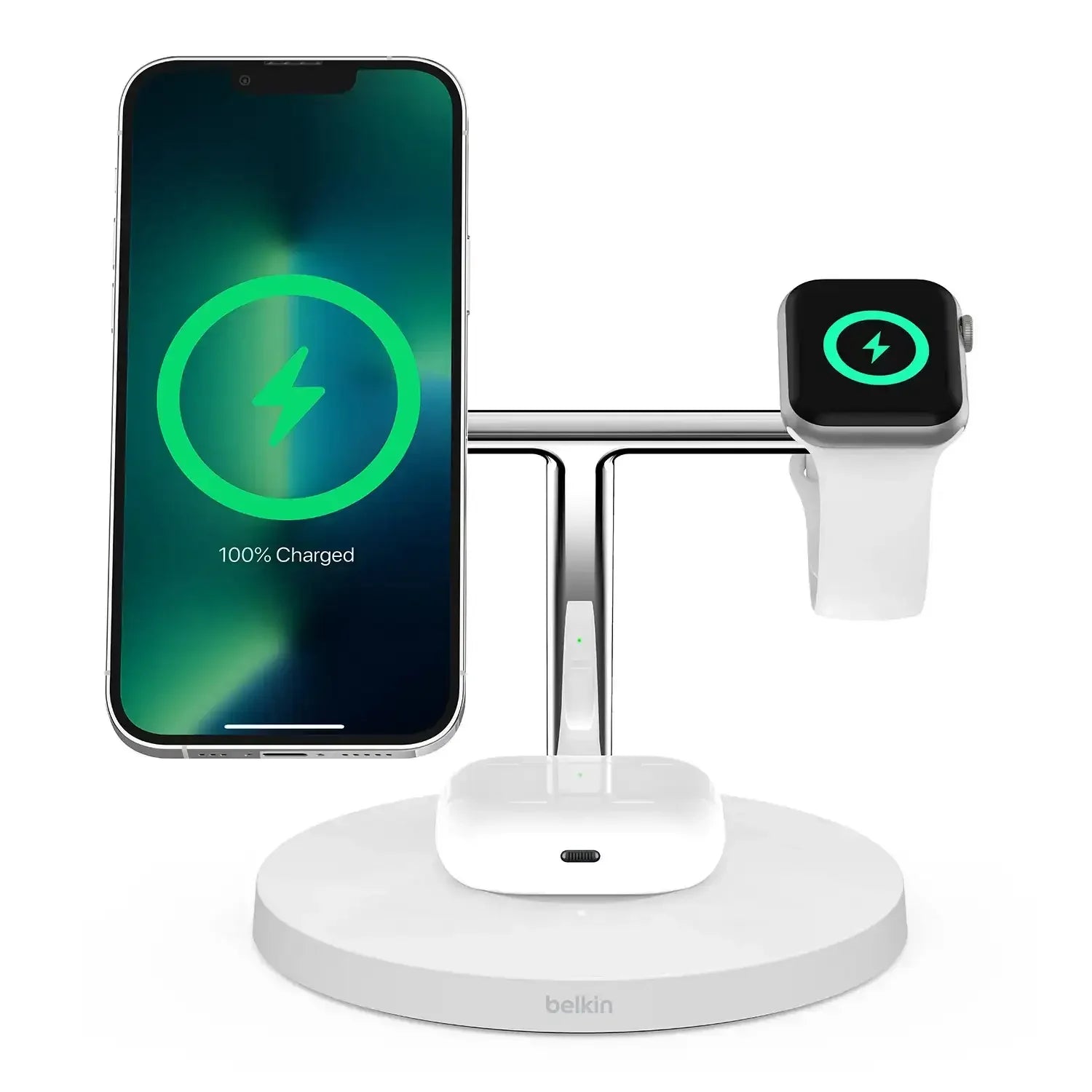 Biała stacja ładowania bezprzewodowa 3w1 z miejscem na iPhone, Apple Watch i słuchawki