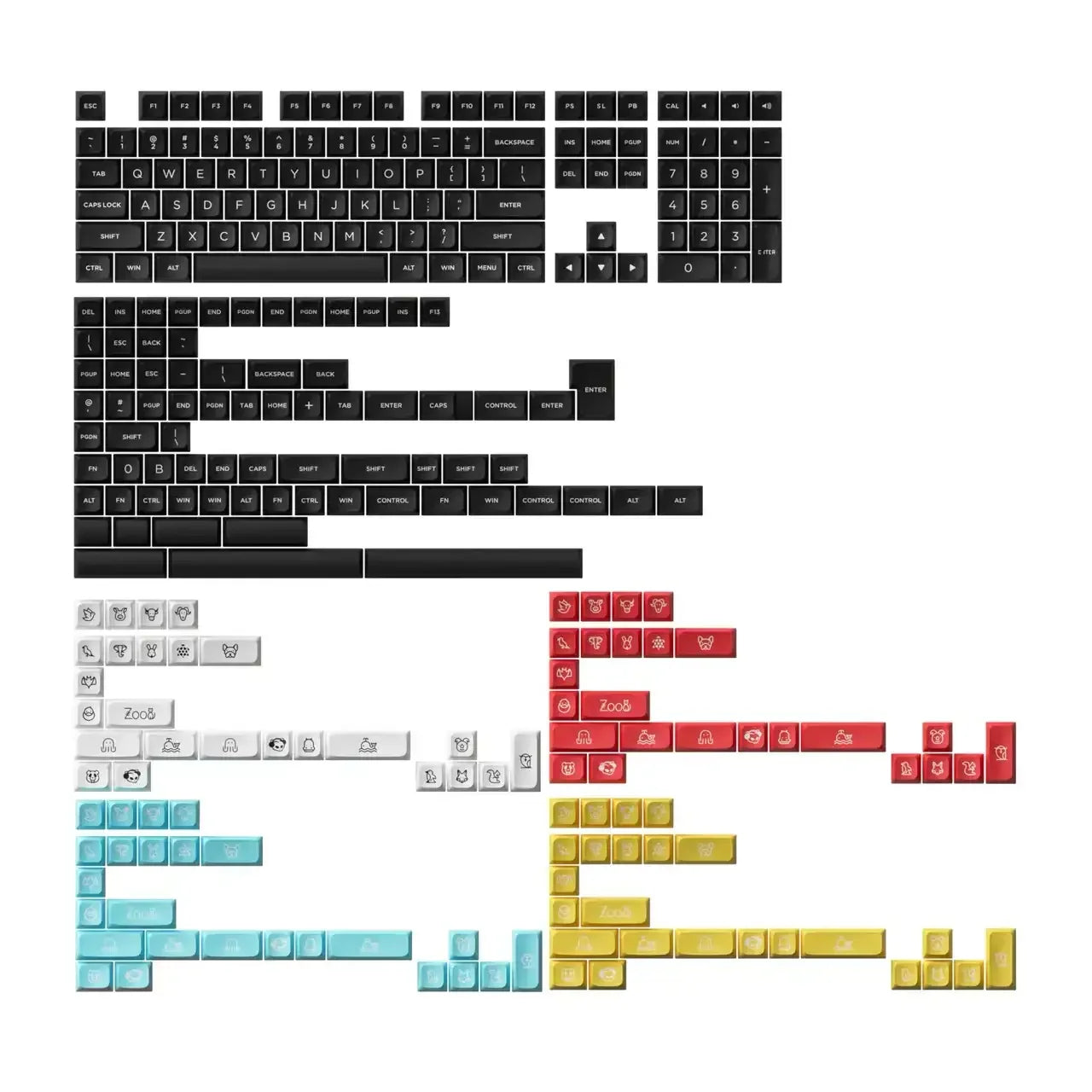 Kolorowe zestawy keycapów do klawiatury mechanicznej, czarne, czerwone, białe, niebieskie i żółte.