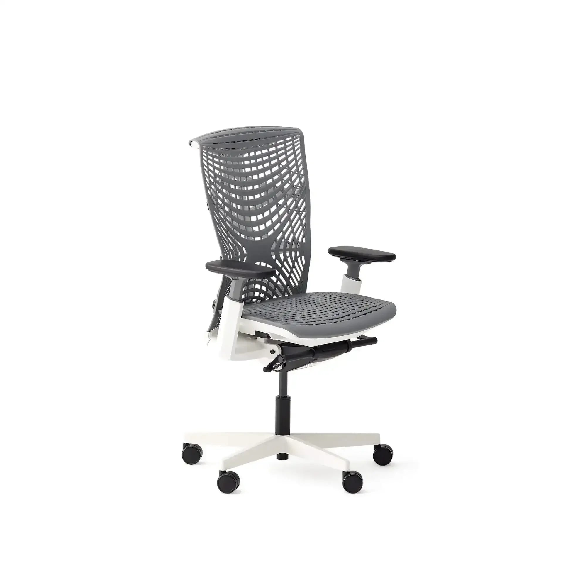 Ergonomiczne krzesło biurowe z szarą siatkową konstrukcją i białą ramą, idealne do home office