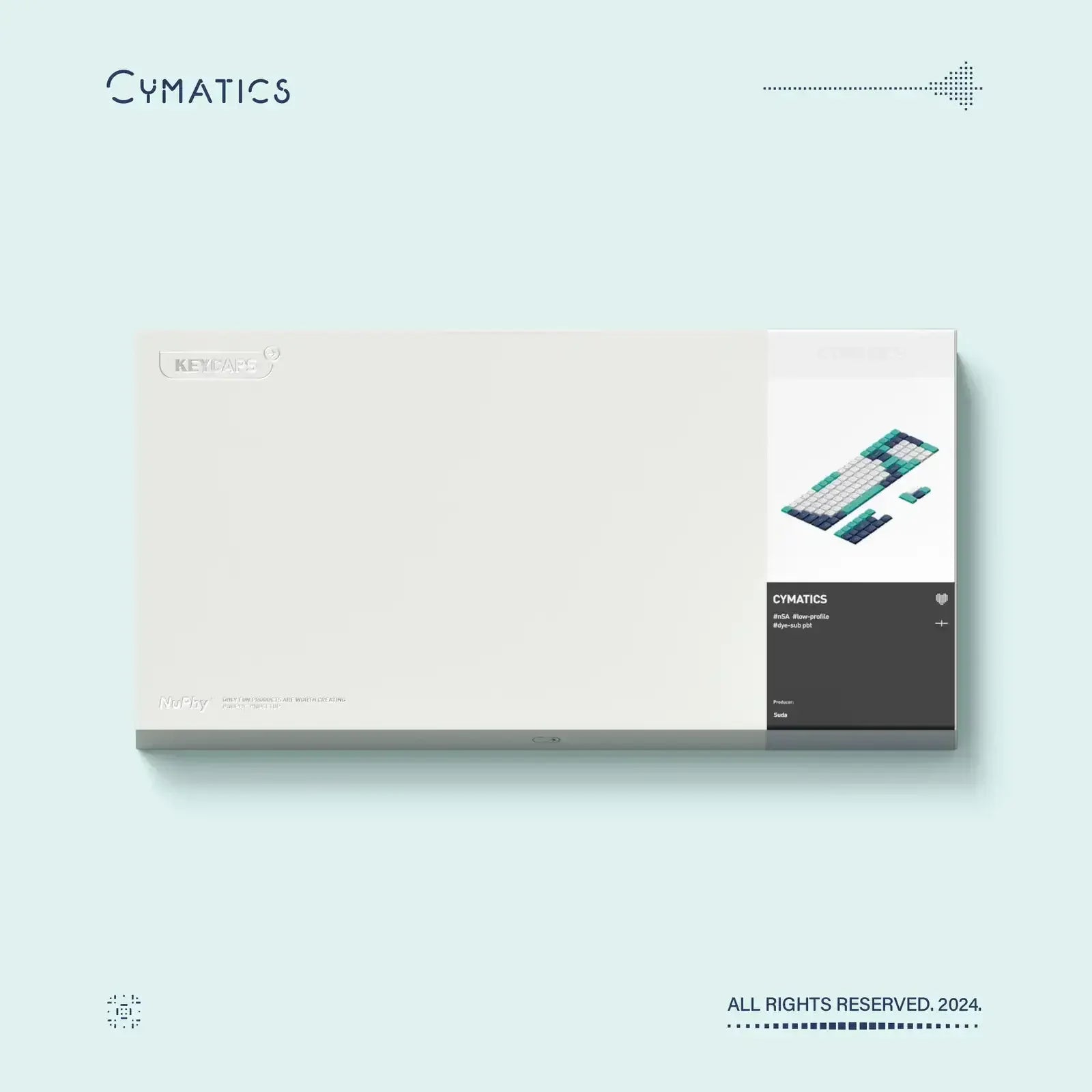Opakowanie zestawu keycapów Cymatics do klawiatury mechanicznej w minimalistycznym stylu.