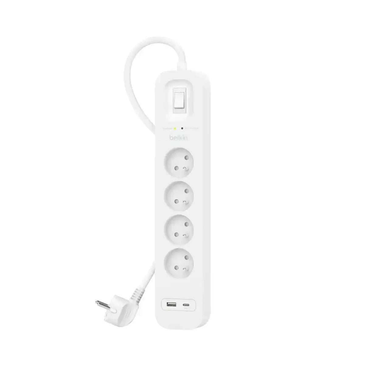 Biała listwa zasilająca z czterema gniazdami i portami USB do biura home office.
