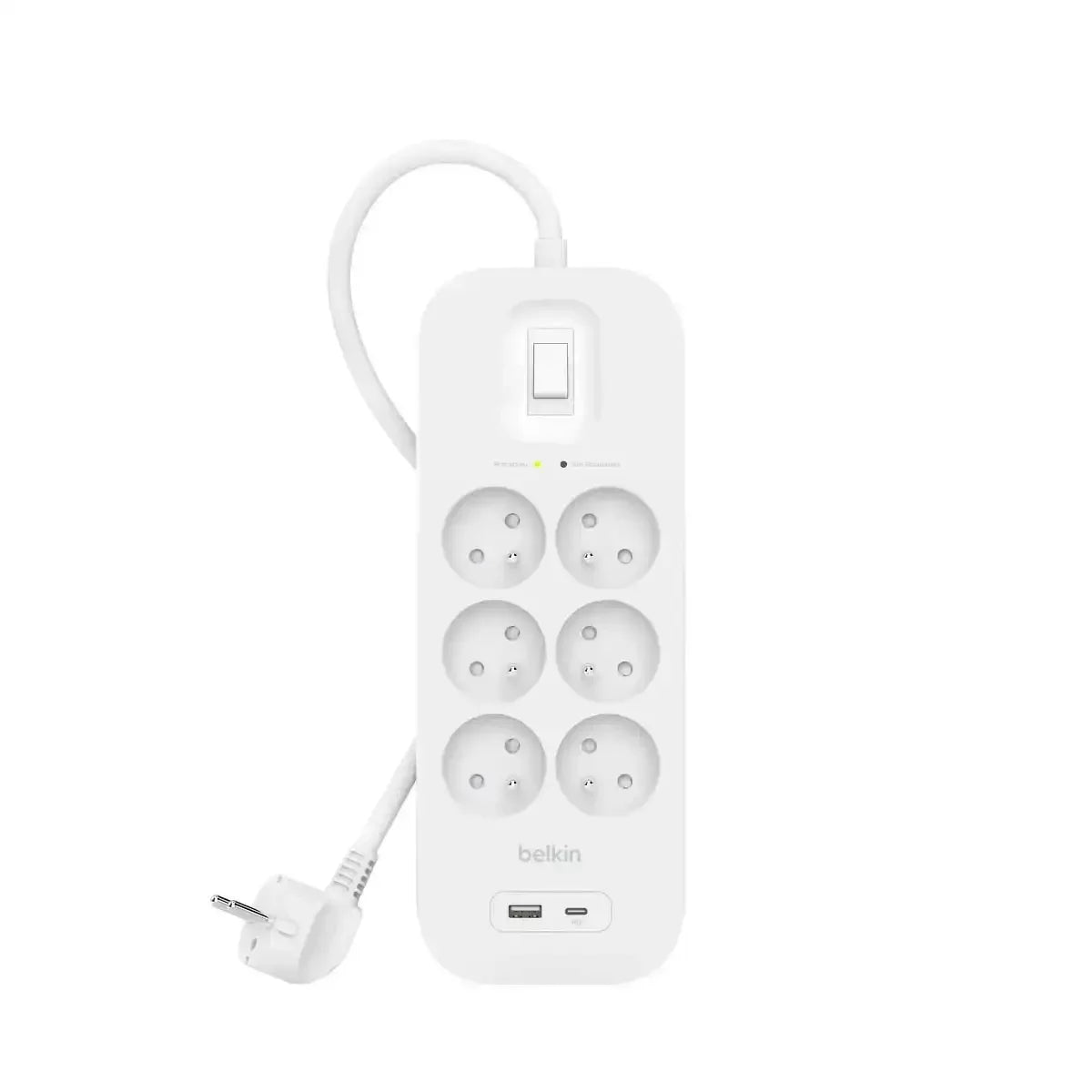 Biała listwa zasilająca Belkin z sześcioma gniazdami, USB i USB-C, idealna do biura