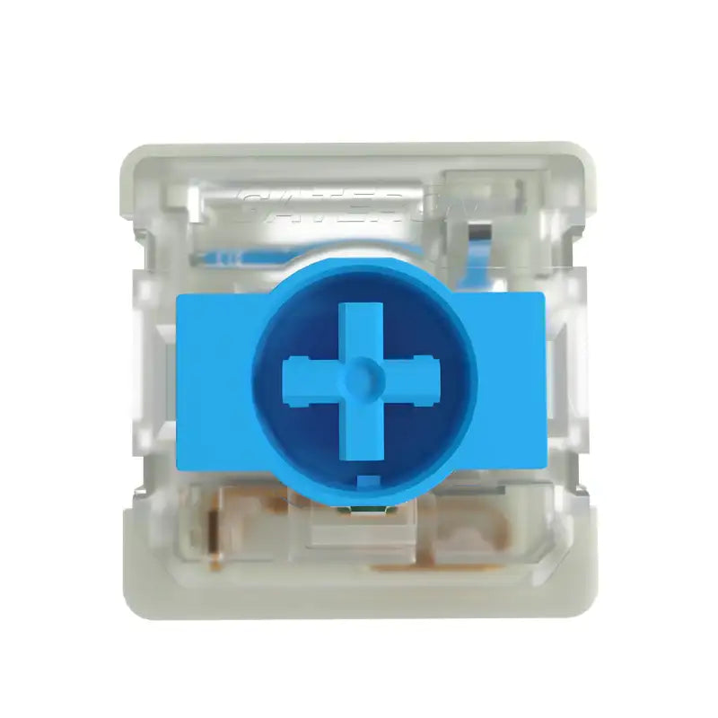 Przełącznik mechaniczny Gateron niebieski, widok z góry, transparentna obudowa