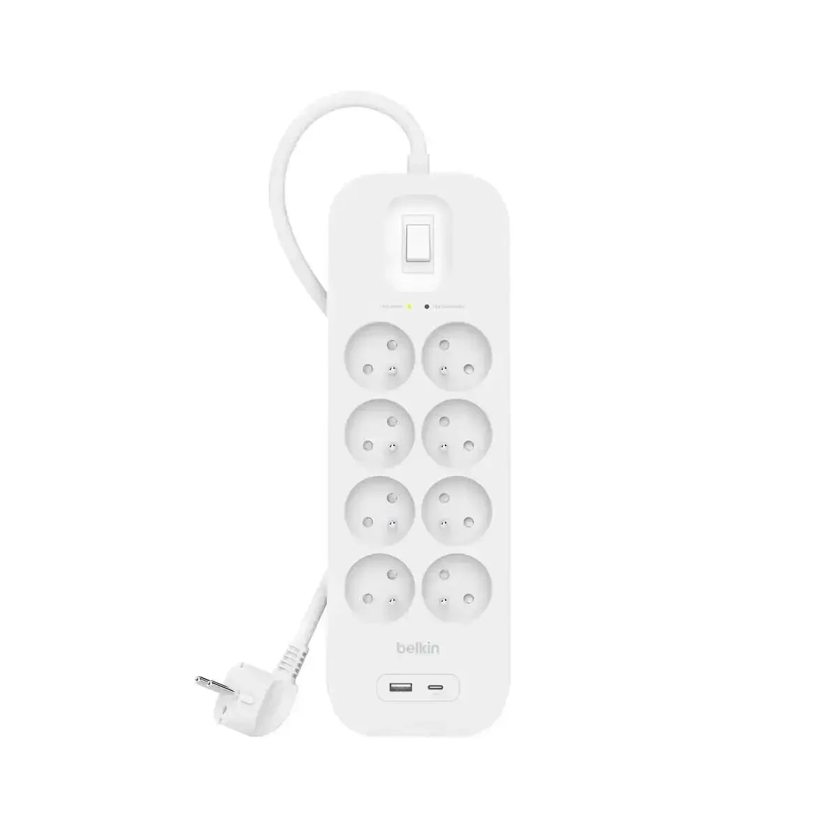 Biała listwa zasilająca z ośmioma gniazdami i portami USB, idealna do biura i home office